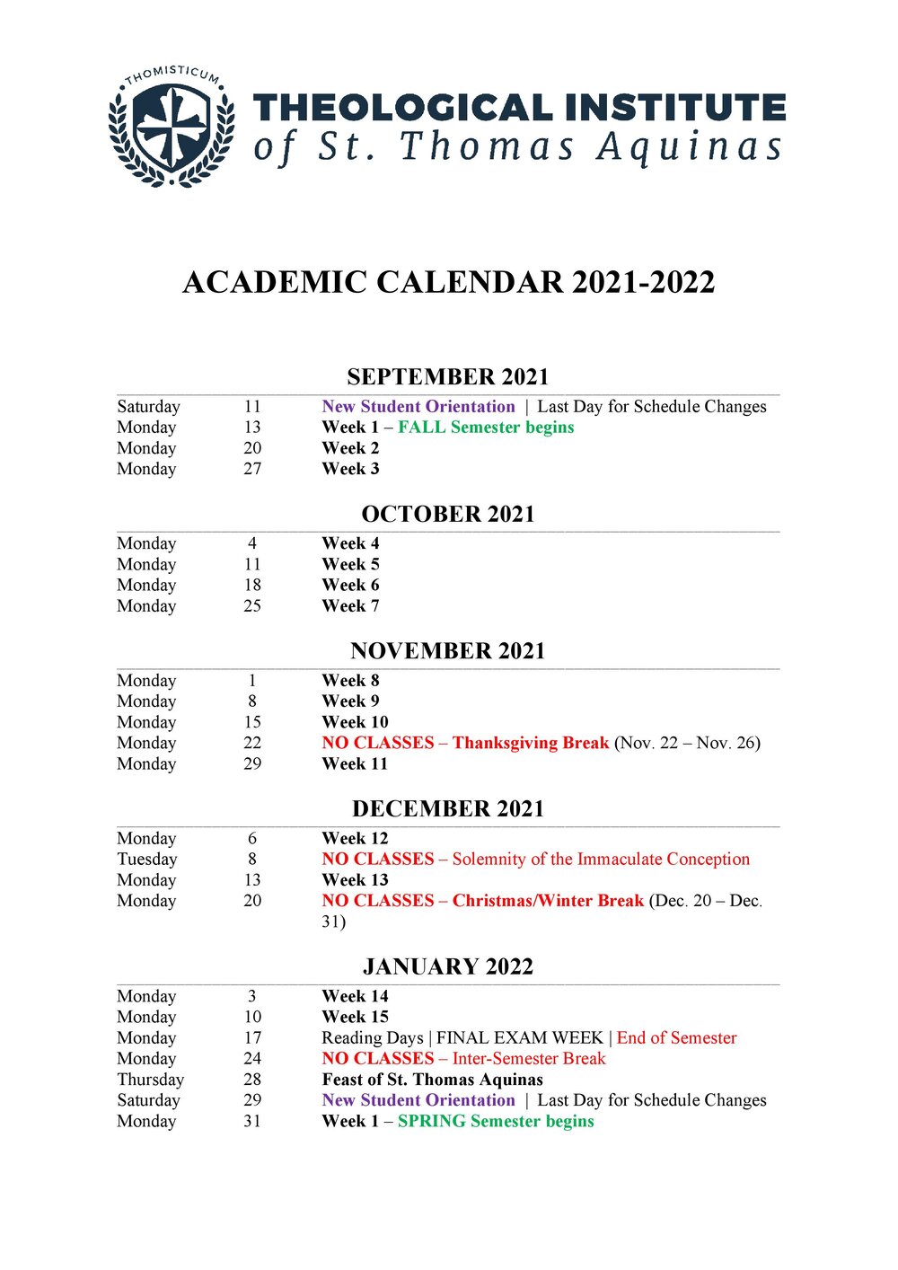 St Thomas Academic Calendar 2022 Academic Calendar — Thomisticum - The Theological Institute Of St. Thomas  Aquinas