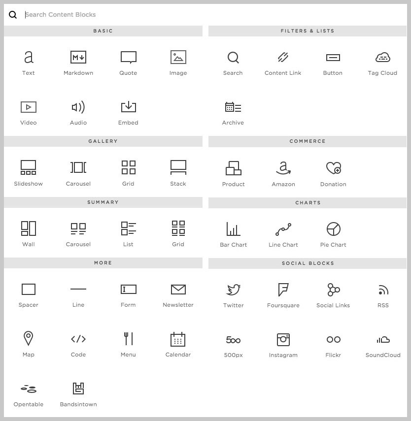 Alle Squarespace Blocks auf einen Blick - zum Vergrößern bitte Klicken.