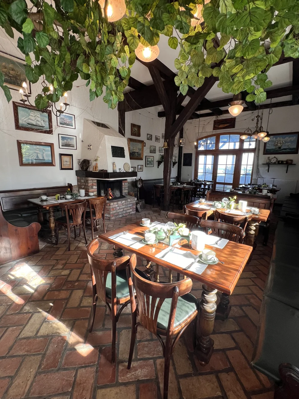 Eventraum der Pension Schmelzer in Kägsdorf mit Holztischen und Weinlaub-Decke