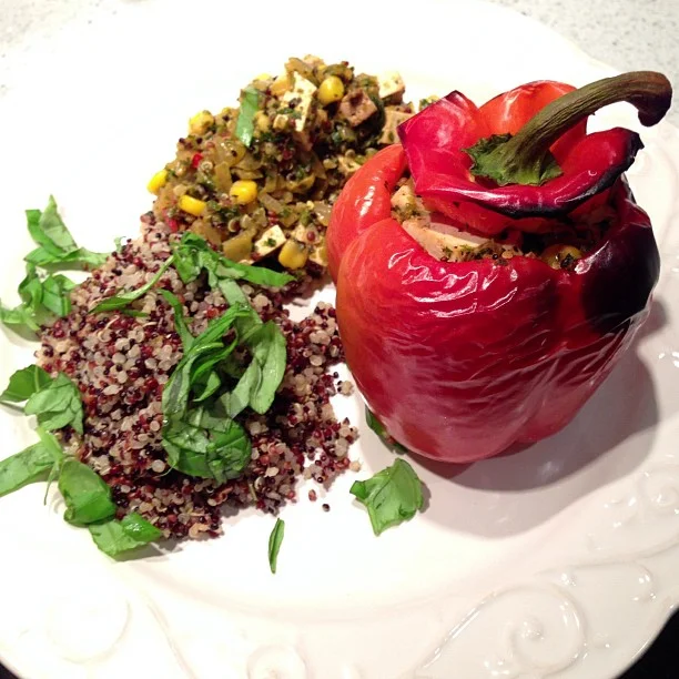 Smokey Roast Peppers Stuffed With Smoked Tofu, Kale, Corn & Tri-colour Quinoa