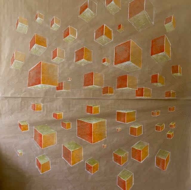 Cubes en Mouvement dans l'Espace, 2018, technique mixte sur papier, 2mx2m