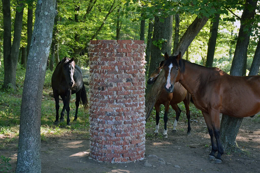 Hudson Valley Ghost Column 1, 2017This is the first of an on-going seriesHistoric Hudson Valley-made Lahey bricks and unprocessed Cormo sheep wool sourced regionally from a fiber farm in New Paltz, NY comprise this site-specific sculpture installed …