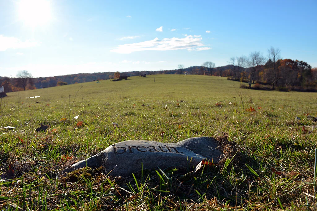 in the space ofGranite schist, clouds, ridge, breath.Hand-carved rocks of the same mineral composition as the distant ridges were embedded in the Hudson Highlands, Garrison. NY in view of a distant ridge.Text by the artist:How far the cloudsmove alo…