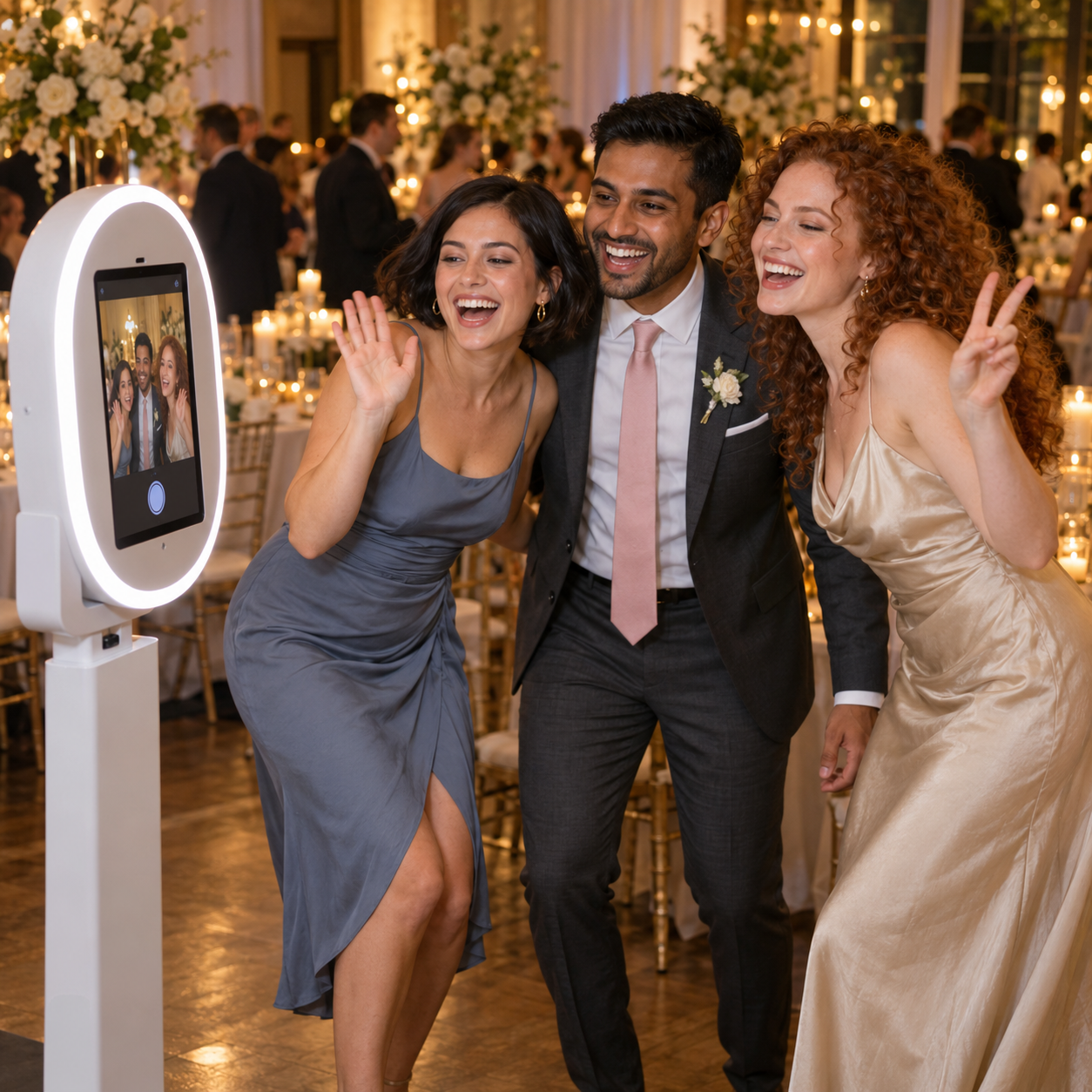 Wedding guests waving and posing at a white digital photo booth.