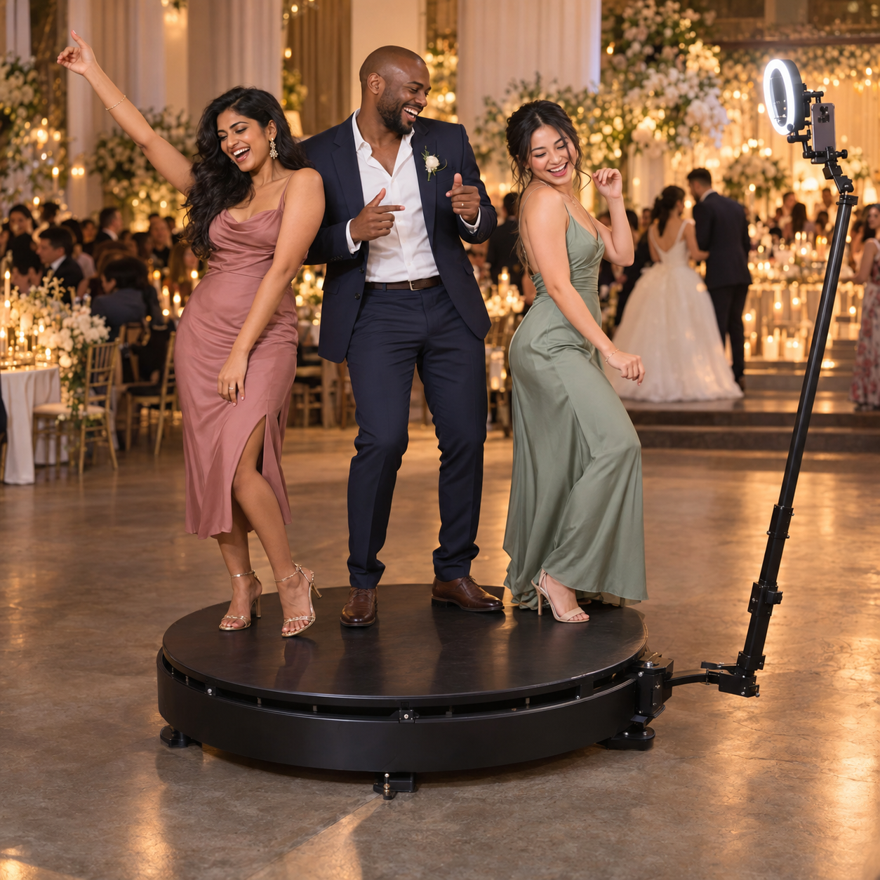 Wedding guests posing on a circular 360 video booth platform beside its camera arm.