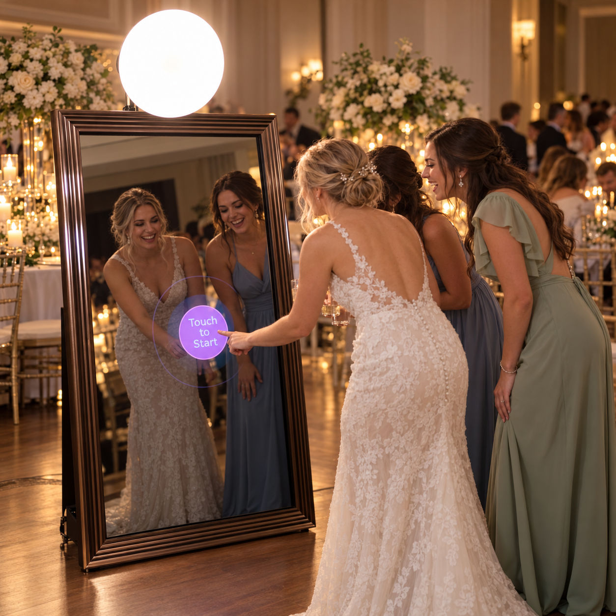 Wedding guests posing in front of a modern Mirror Photo Booth