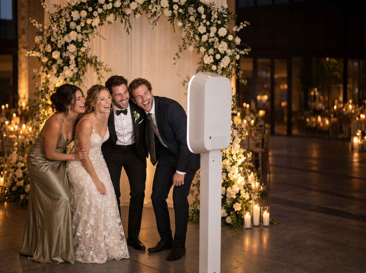 Wedding guests posing at a white open-air photo booth beside a backdrop.