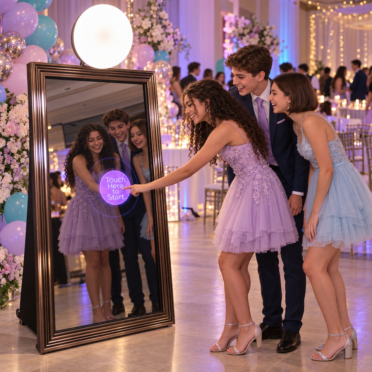 Teen friends using a bronze-framed touchscreen Mirror Booth with a round light above it.