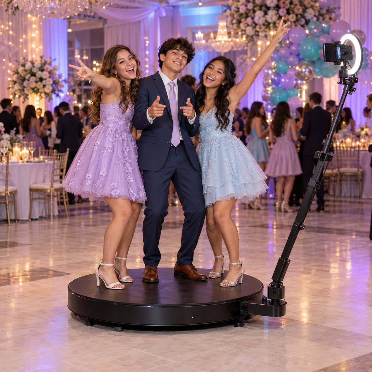 Three teens posing on a circular 360 video booth platform beside its camera arm.