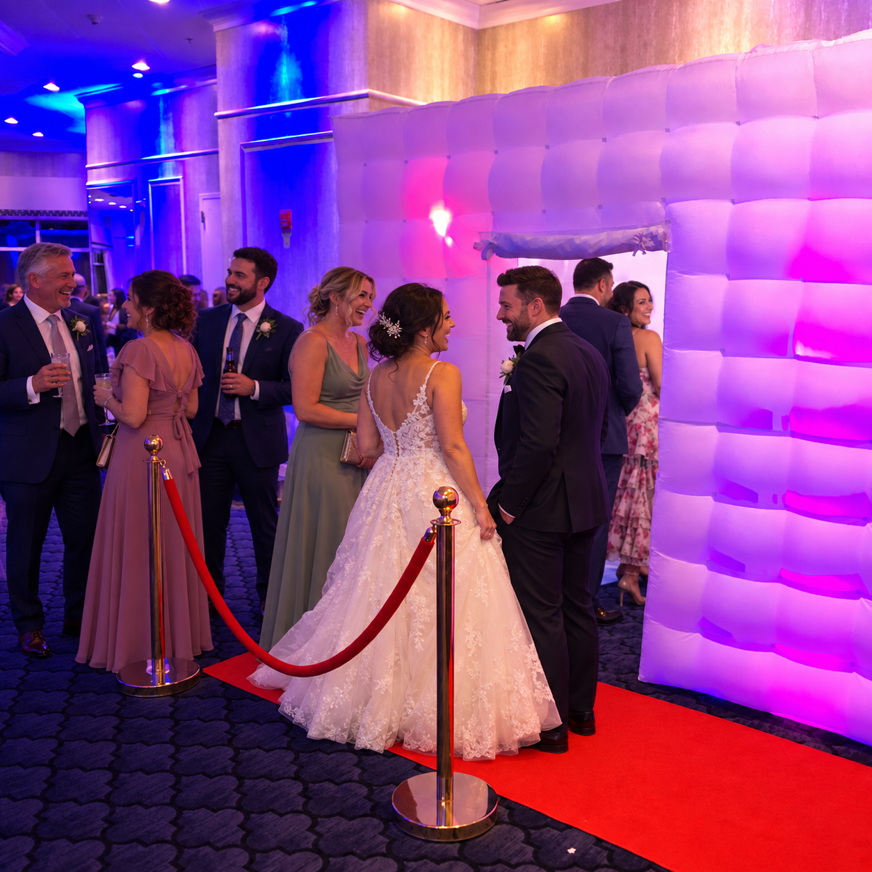 A bride, groom, and wedding guests beside an illuminated inflatable photo booth enclosure.