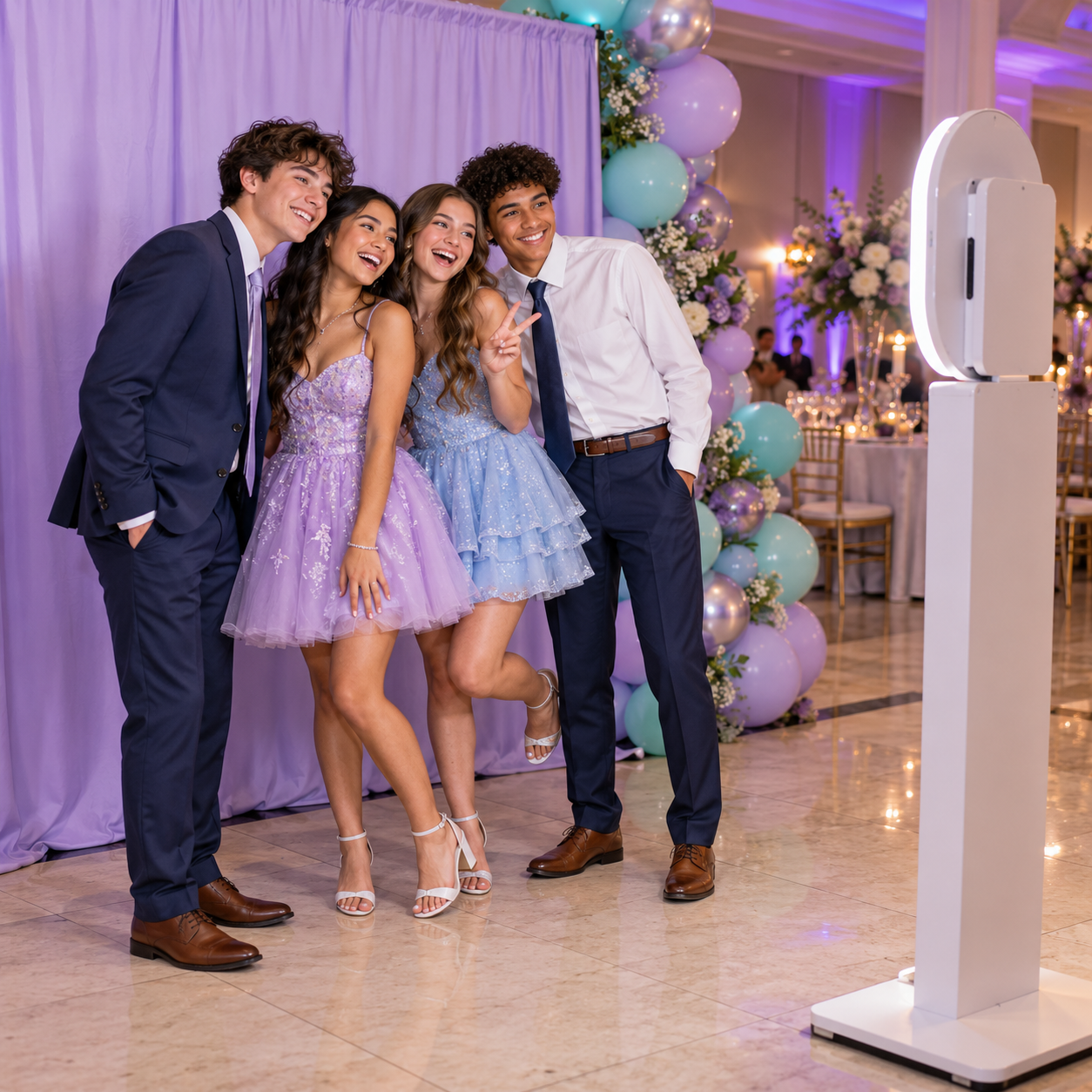 Teen friends posing at a white open-air photo booth with a lavender backdrop.