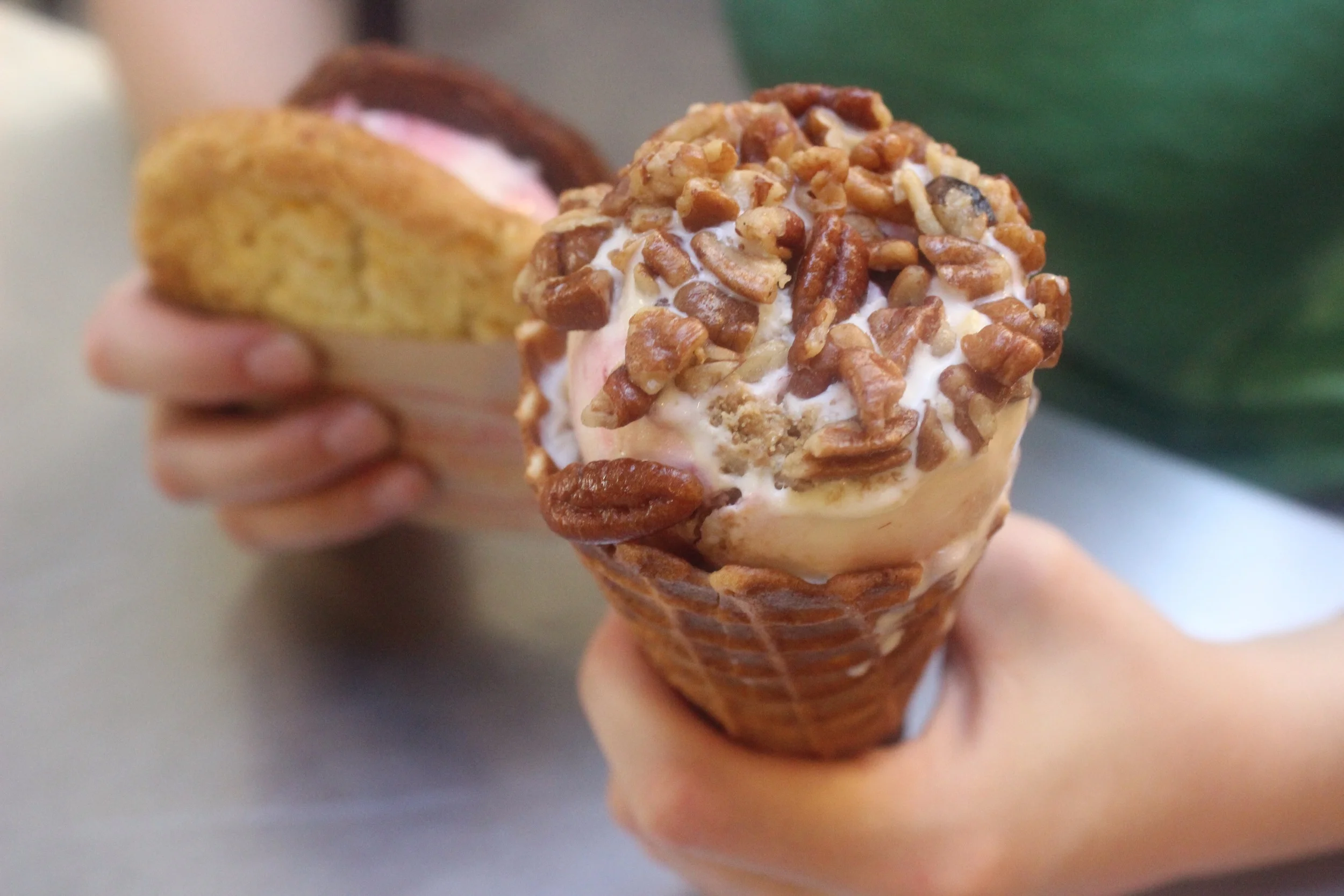 Homemade waffle cone, sweet cream and cookies ice cream