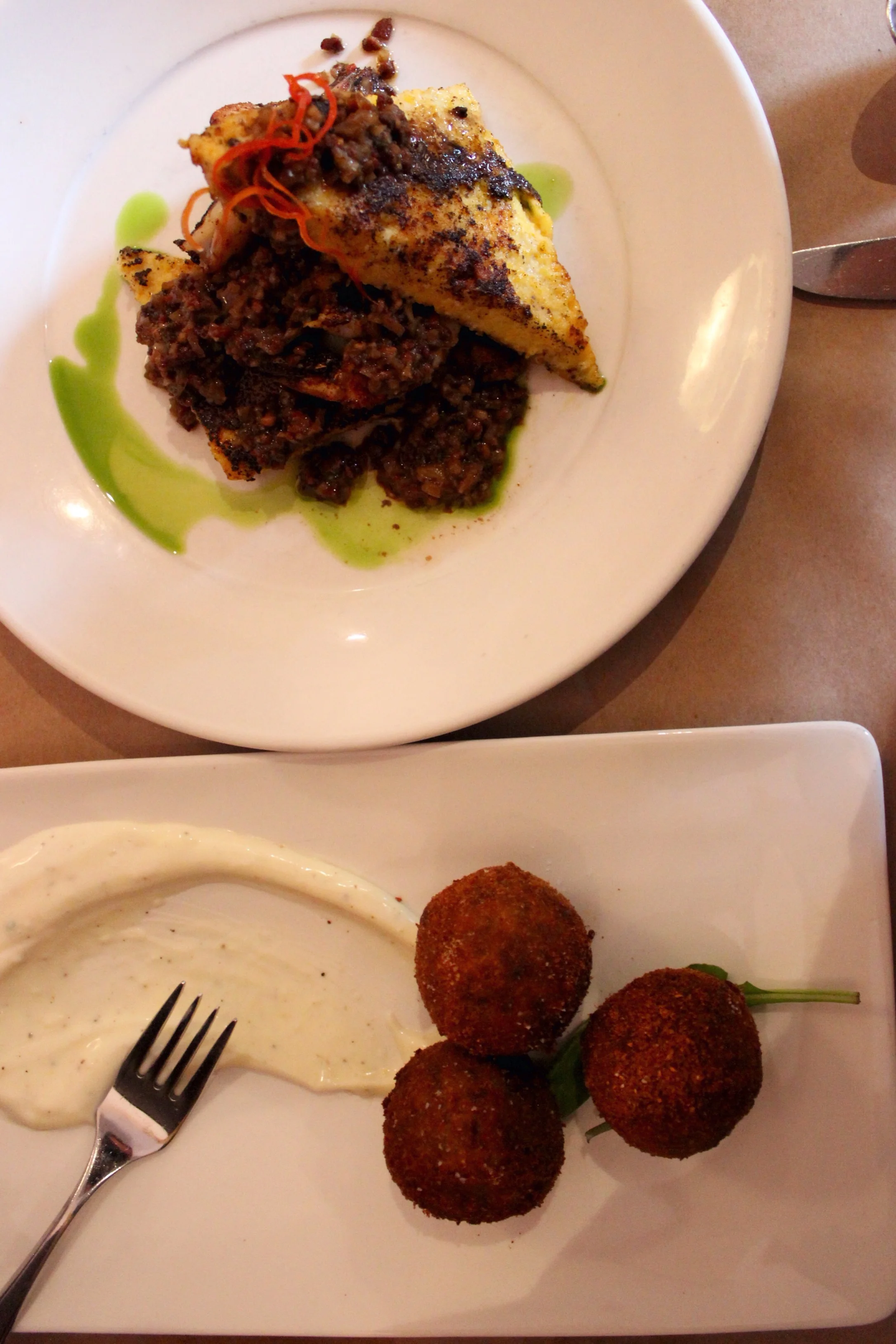 Boudin balls and blackened shrimp and grits