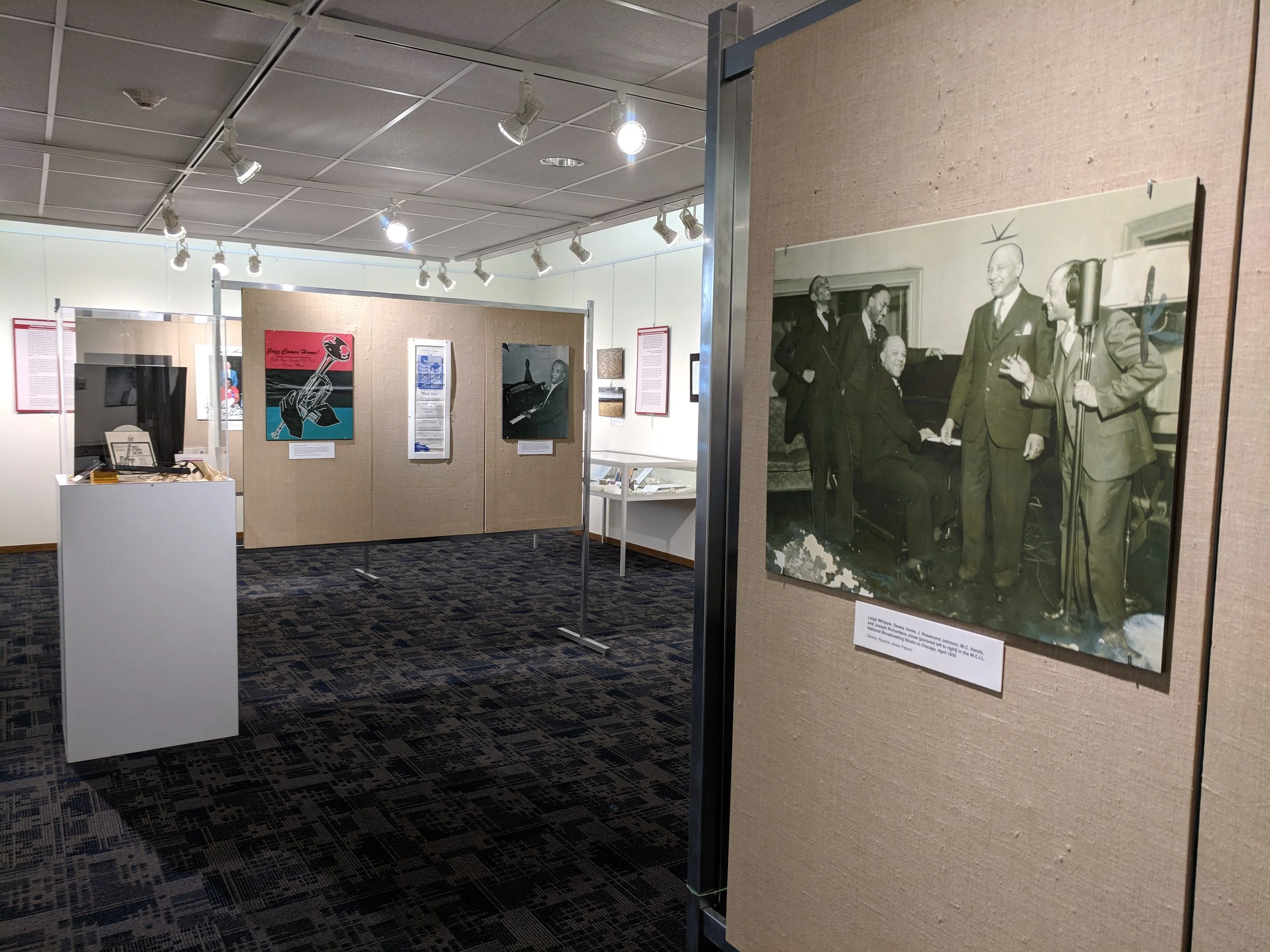 Exhibit space at Woodson regional branch, featuring several archival collections stored onsite.