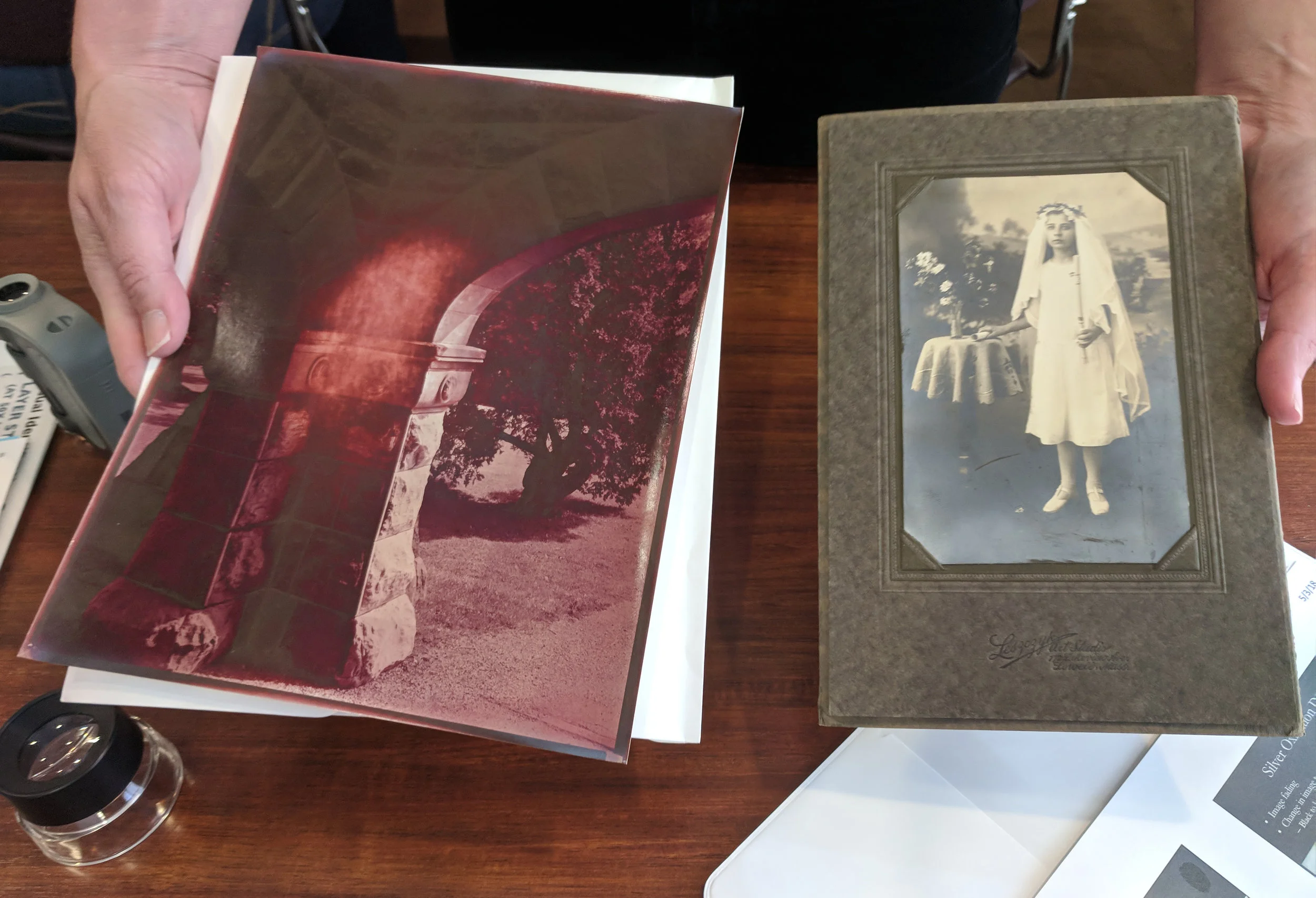 Comparing bronzing with an overexposed POP print with silver mirroring on a degrading DOP print.