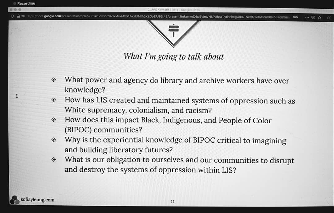 Amazing opening keynote by Sofia Leung (@sofiayleung on Twitter) for the Critical Librarianship &amp; Pedagogy Symposium. Relevant to all library, archive, and museum workers. Our institutions are built on white supremacist foundations that have harm