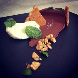 Chocolate and Espresso Pot de Creme with Cardamom Cream and Hazelnut Brittle