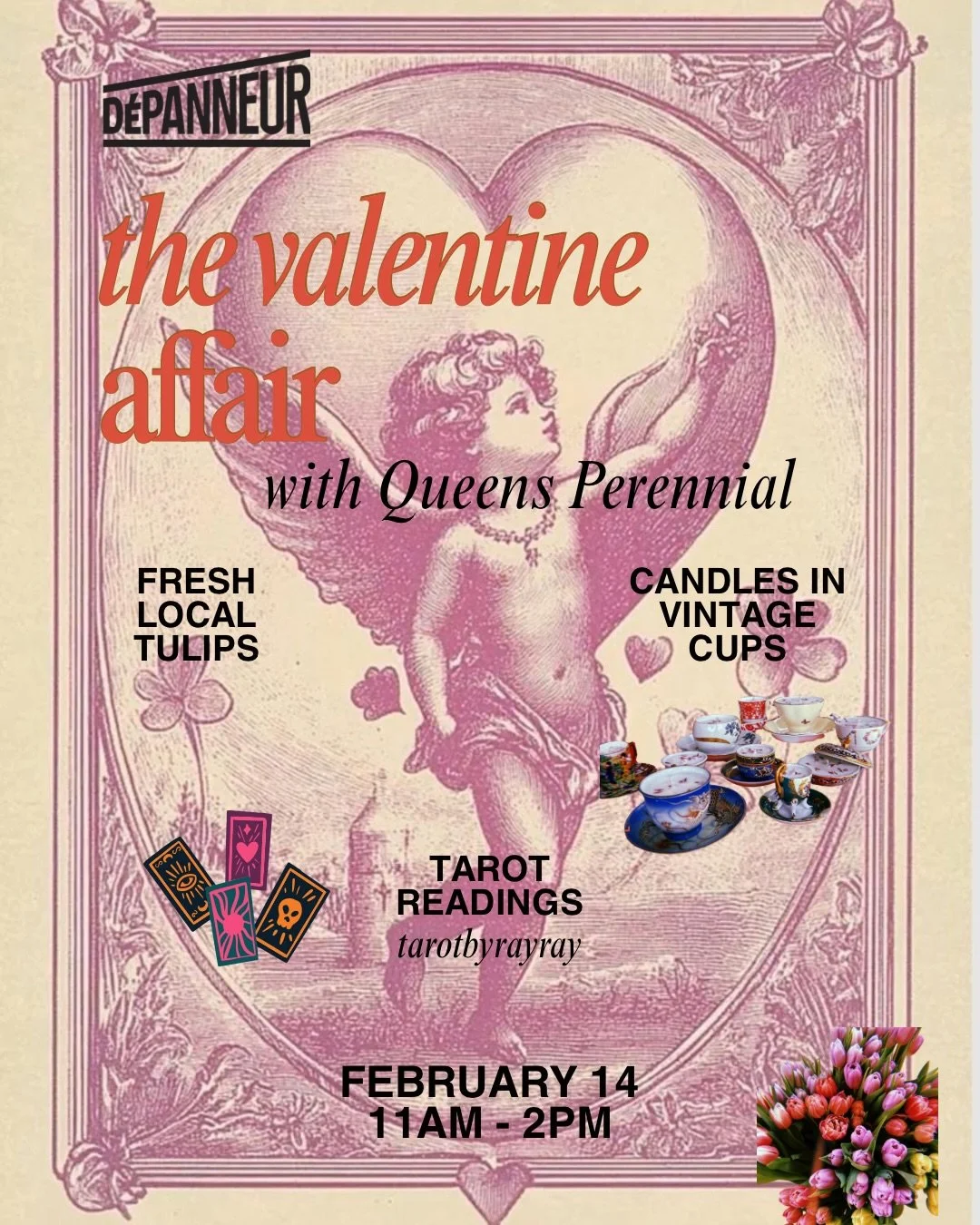 ☀️Tulips. Tarot. Tea. Sweet smiles and savoury sandwiches✨

🫶Community, Candles, and Celebration. Depanneur invites you all this Saturday, the 14th, for our Valentine&rsquo;s Affair&hearts;️

🗓️February 14, Saturday, 11AM-2PM

💐Fresh Tulips, Vinta