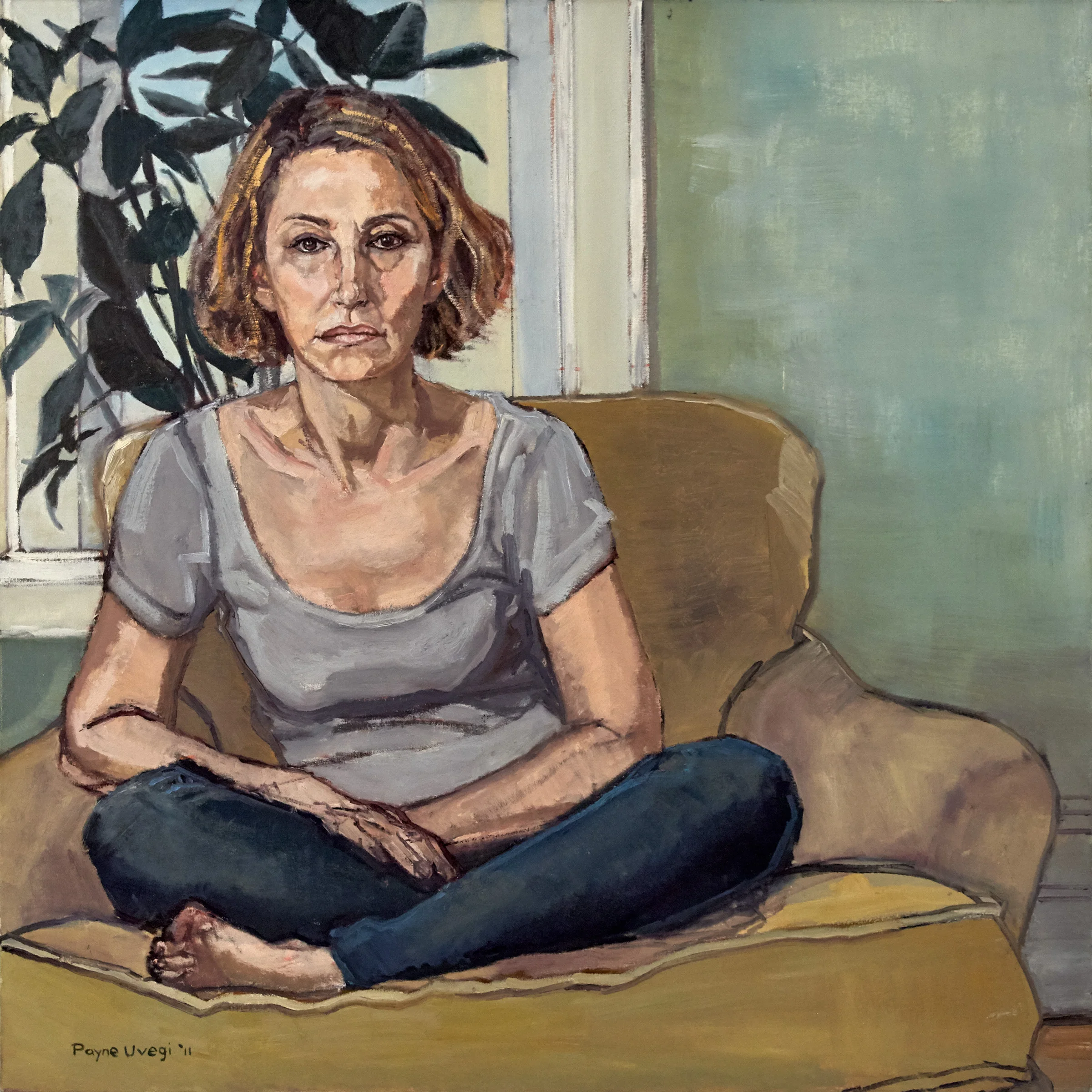 "Self Portrait Seated, Cross-Legged (with Plant)"