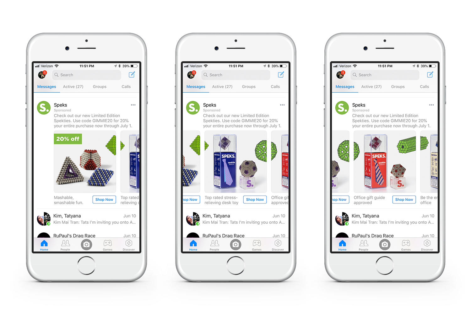 ABOVE: Facebook messenger slideshow ad utilizing new product photography and carrying over collage style established on the website