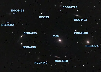 This image by Mel Martin shows a galaxy cluster. M86 and M84 (labeled NGC4374 on the image) are two of the brightest galaxies in this rich region called the Virgo Cluster. Both galaxies can be seen in a telescope as hazy patches brightening towards their centers. M86 is a lenticular galaxy, which is a cross between a spiral and an elliptical. M86 is moving toward us at the rate of 400 km/s, faster than any other Messier object.
