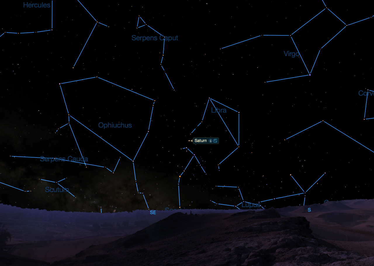 Looking south-east on May 23, 2015 at 11:00 p.m. from mid-northern latitudes.