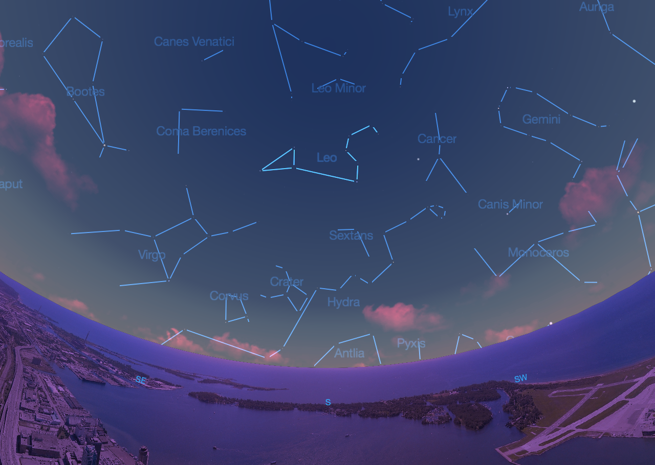The constellation Leo as seen from mid-northern latitudes on May 10 at 9:00 p.m.