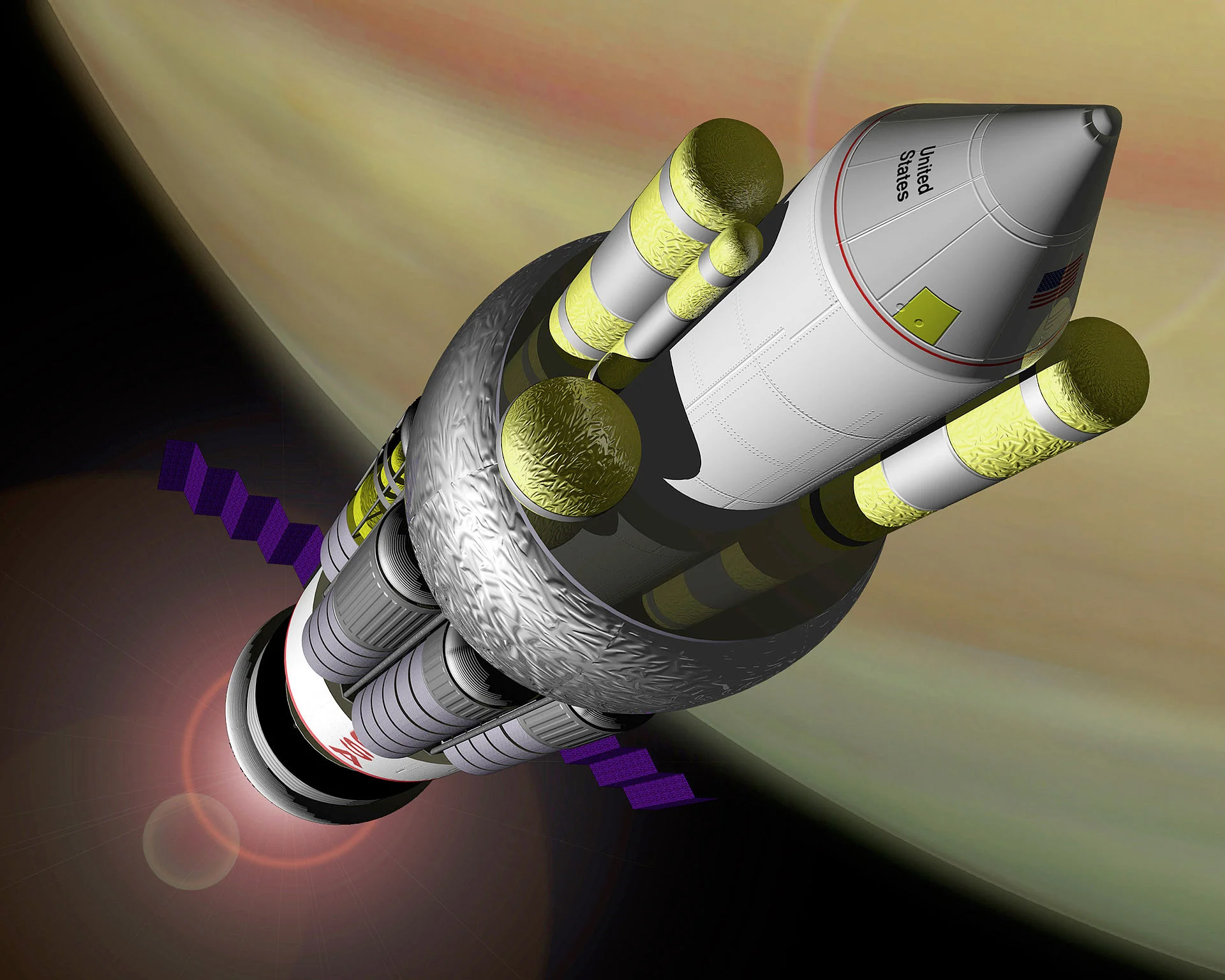 An artist's conception of the NASA reference design for the Project Orion spacecraft powered by nuclear propulsion.