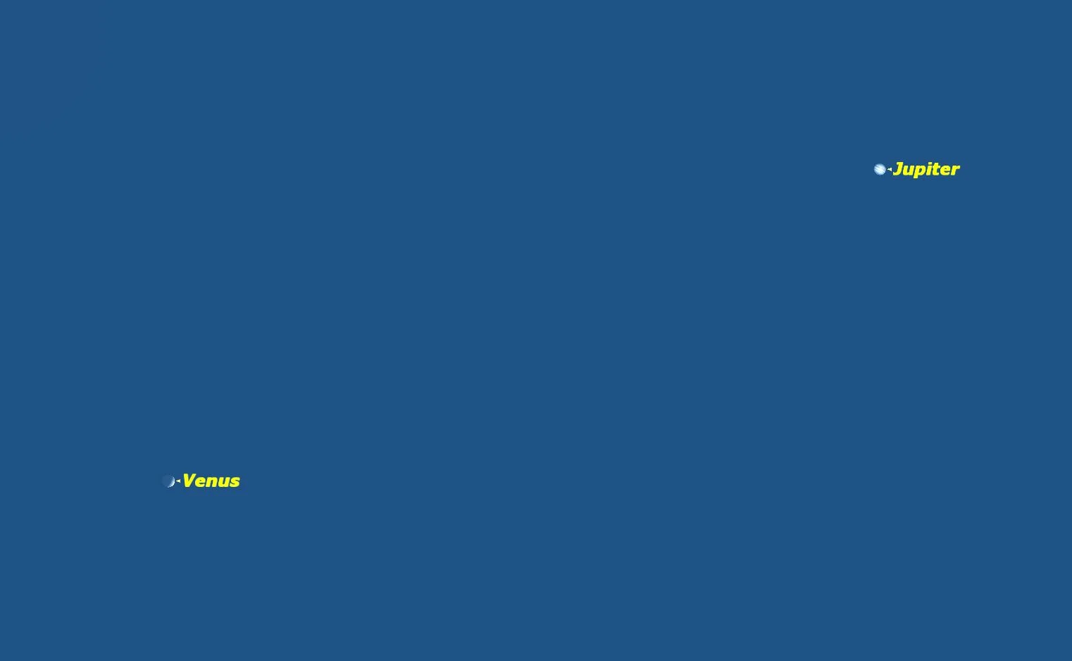 0
0
1
31
183
Simulation Curriculum Corp.
1
1
213
14.0
544x376
Normal
0
false
false
false
EN-CA
JA
X-NONE
/* Style Definitions */
table.MsoNormalTable
{mso-style-name:"Table Normal";
mso-tstyle-rowband-size:0;
mso-tstyle-colband-size:0;
mso-style-noshow:yes;
mso-style-priority:99;
mso-style-parent:"";
mso-padding-alt:0cm 5.4pt 0cm 5.4pt;
mso-para-margin:0cm;
mso-para-margin-bottom:.0001pt;
mso-pagination:widow-orphan;
font-size:10.0pt;
font-family:"Times New Roman";}
Seen in the eyepiece of a telescope magnifying 65 times at sunset on July 1, Venus and Jupiter appear very close, but look very different, even though both are the same angular size. Credit: Starry Night software.