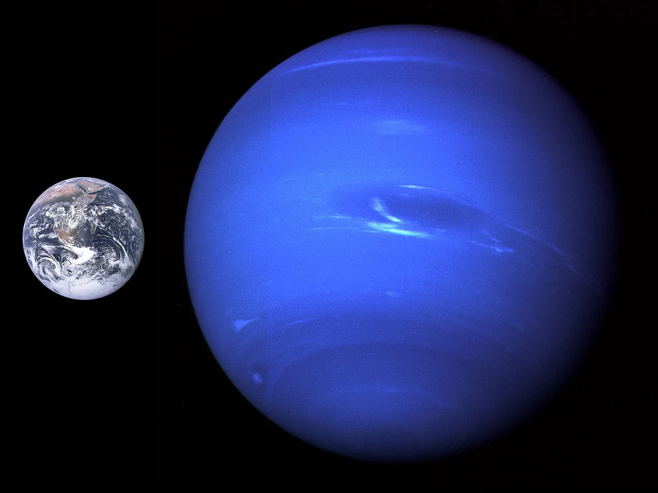  Figure 3 shows a portrait of Neptune taken by the Voyager 2 spacecraft in 1989 which was then 4.4 million miles from the planet. The Earth is shown for a size comparison. 
