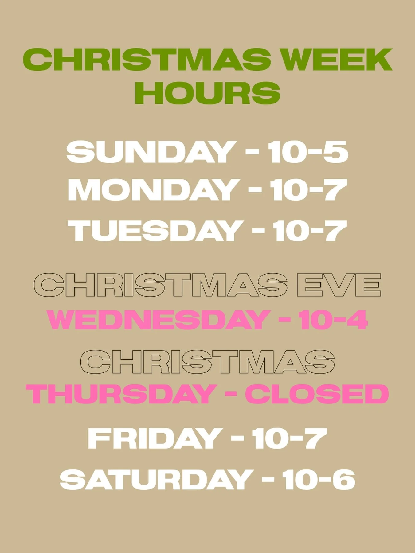 HOURS for BOTH SHOPS for Christmas week 🎄🪩🎀