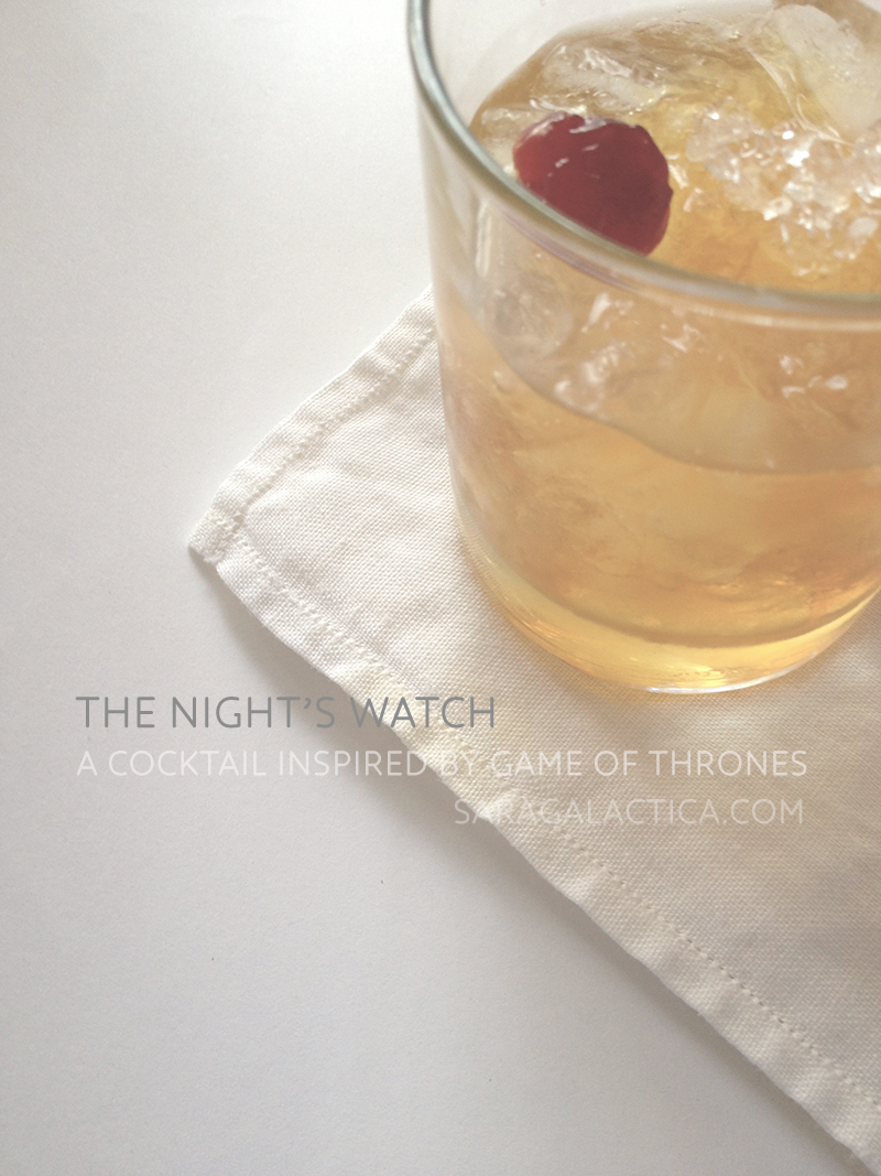 The Night's Watch: A cocktail inspired by Game of Thrones. Gin, Grand Marnier, Cynar, honey, red wine vinegar. Recipe at saragalactica.com.