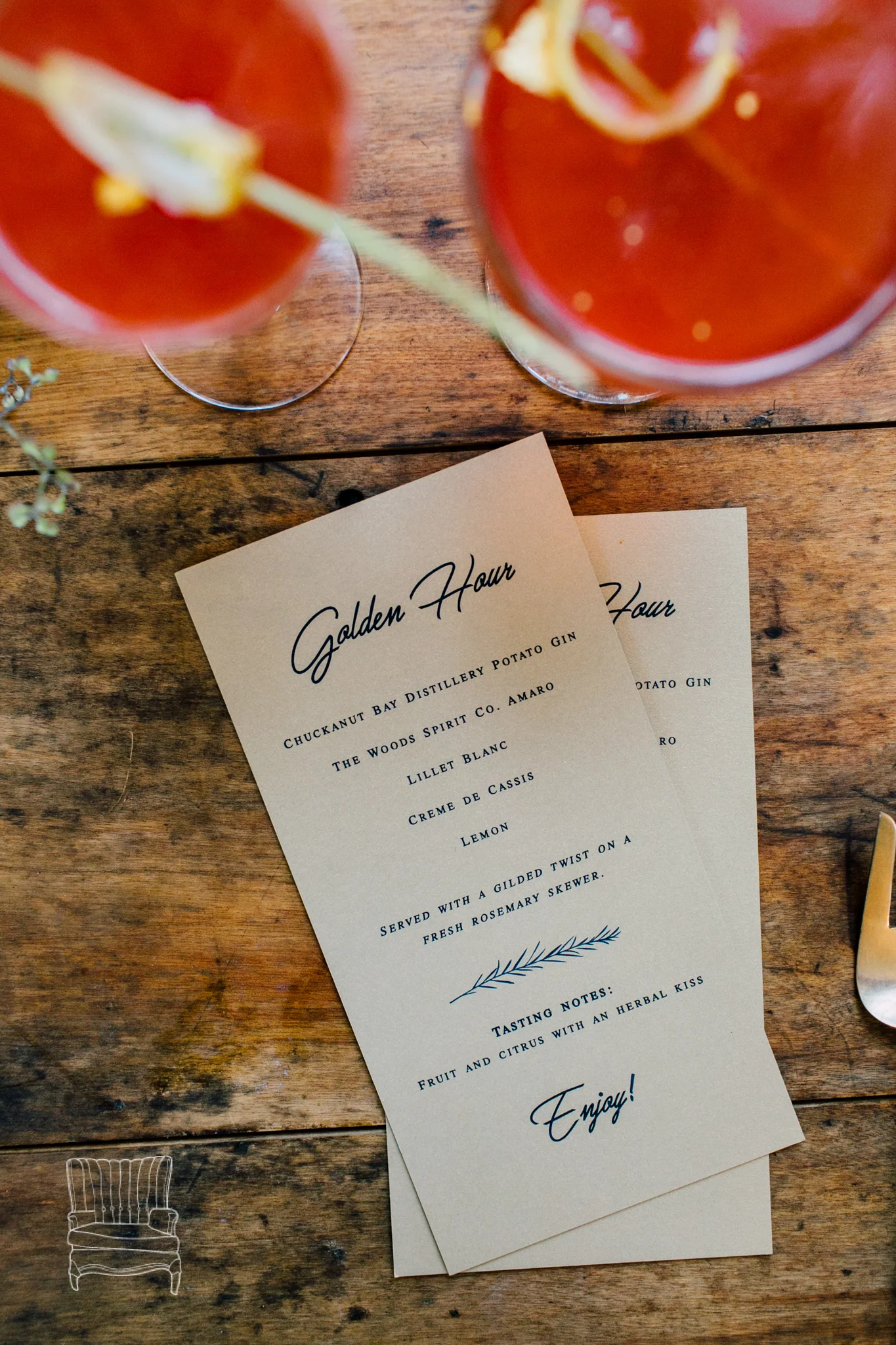 Winter Glamour wedding photo shoot featuring Sara Galactica's Golden Hour cocktail: Featuring Chuckanut Bay Distillery gin, The Woods Spirit Co. Amaro, Lillet Blanc, lemon juice, and gilded lemon crescents on rosemary skewers. Details: http://www.saragalactica.com Photo: Katheryn Moran Photography
