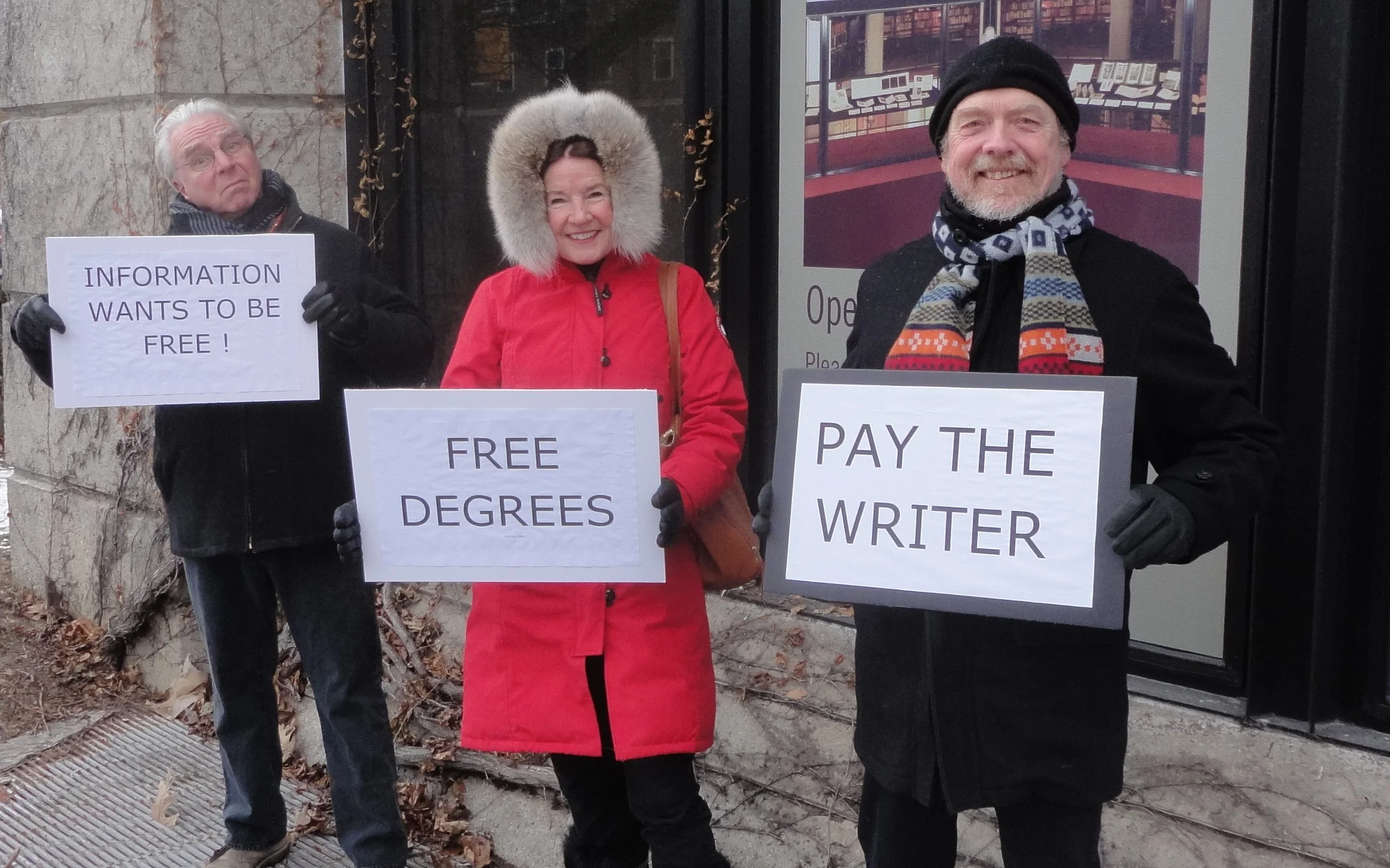 Authors outside Robarts Library at the University of Toronto, protesting university policies on copying from books without purchasing a license. (photo by John Degen)