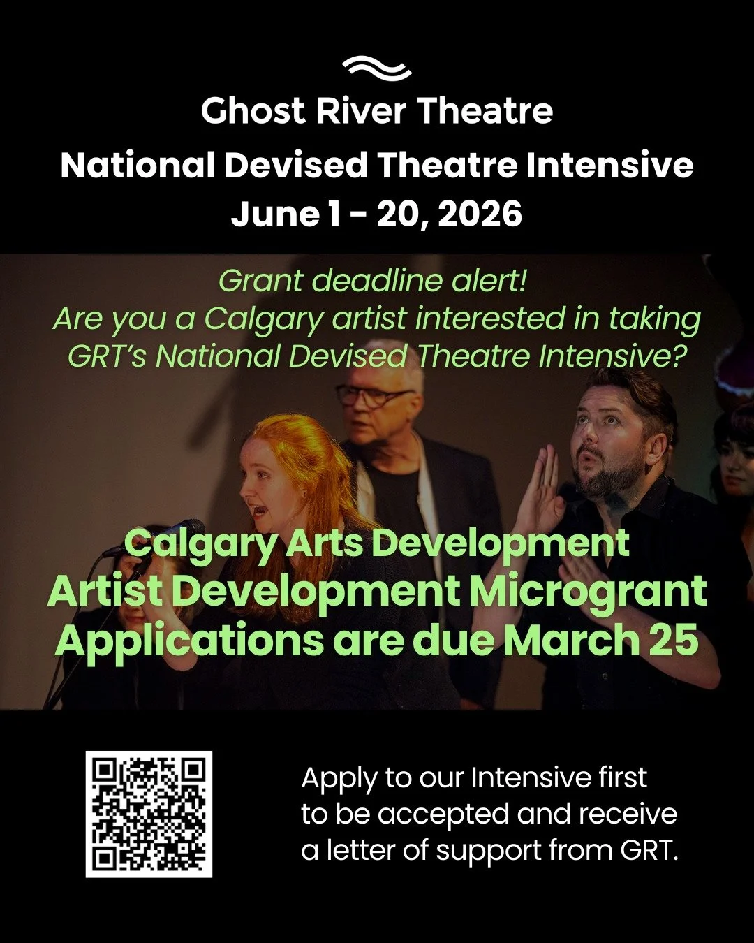 Are you a Calgary-based artist interested in taking Ghost River Theatre's 3 week National Devised Theatre Intensive running June 1-20, 2026? Do you need funding support?

Calgary Arts Development's Artist Development Microgrant program supports profe