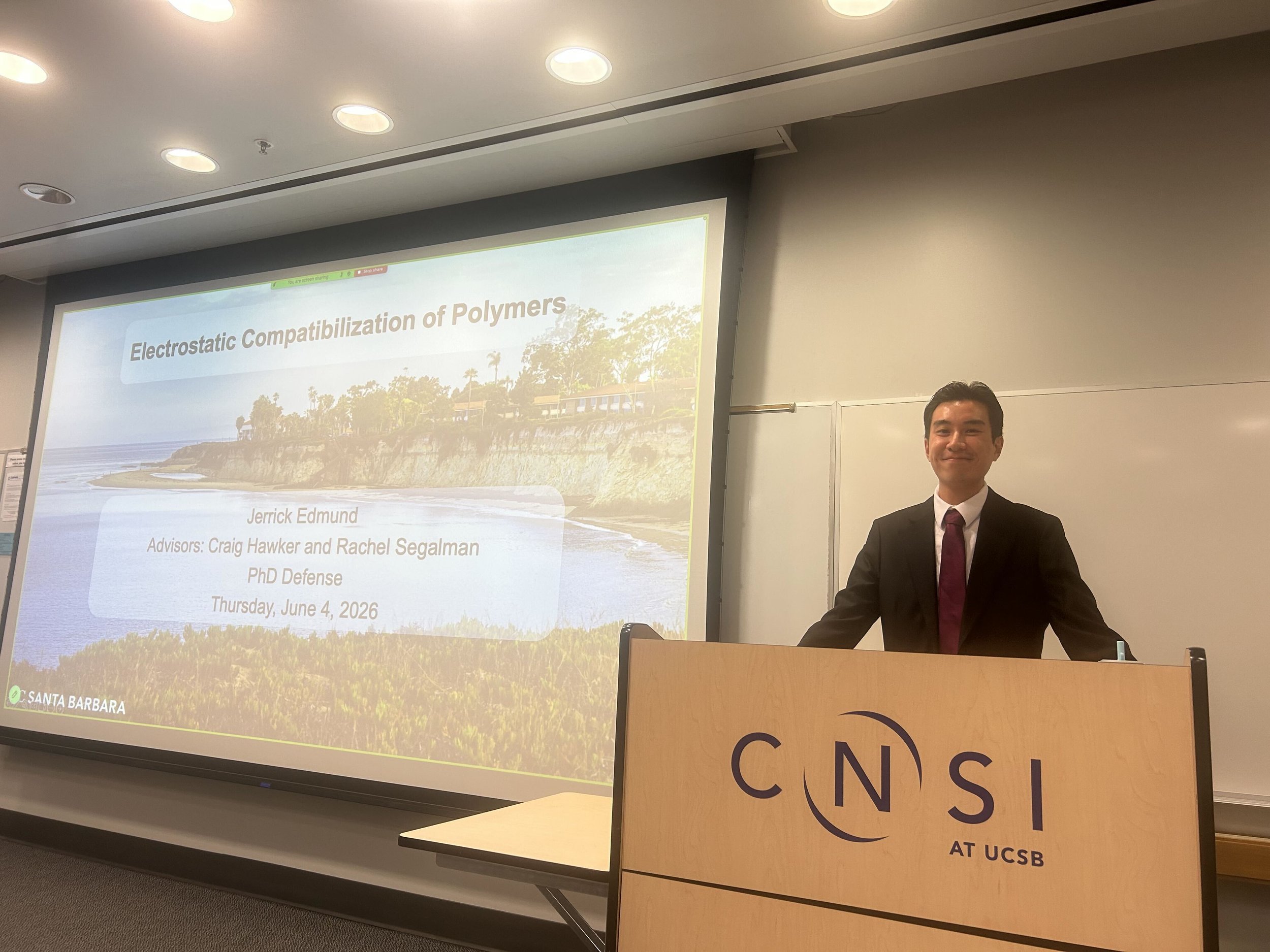 Jerrick Edmund defending thesis, "Electrostatic Compatibilization of Polymers"