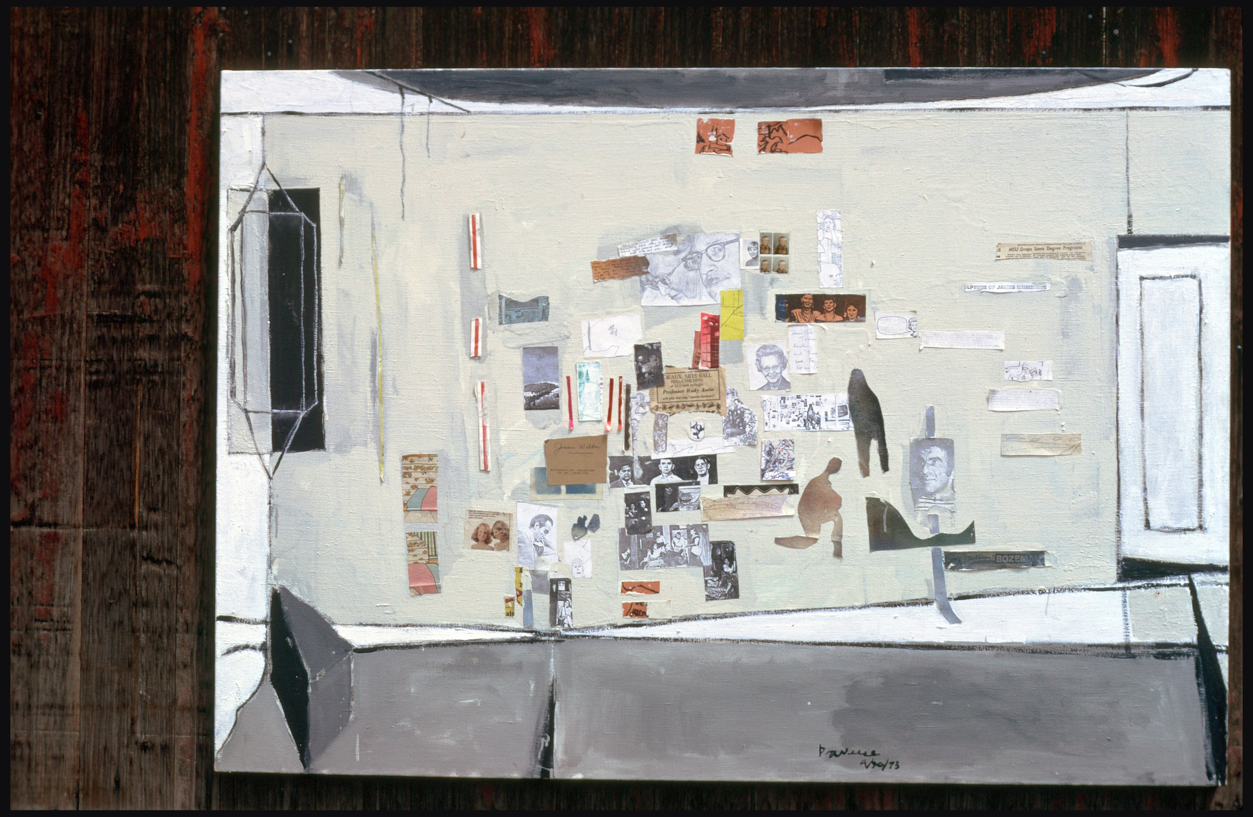 Bob's - Studio Wall/ 1973/mixed media collage/approx 24 x 38"