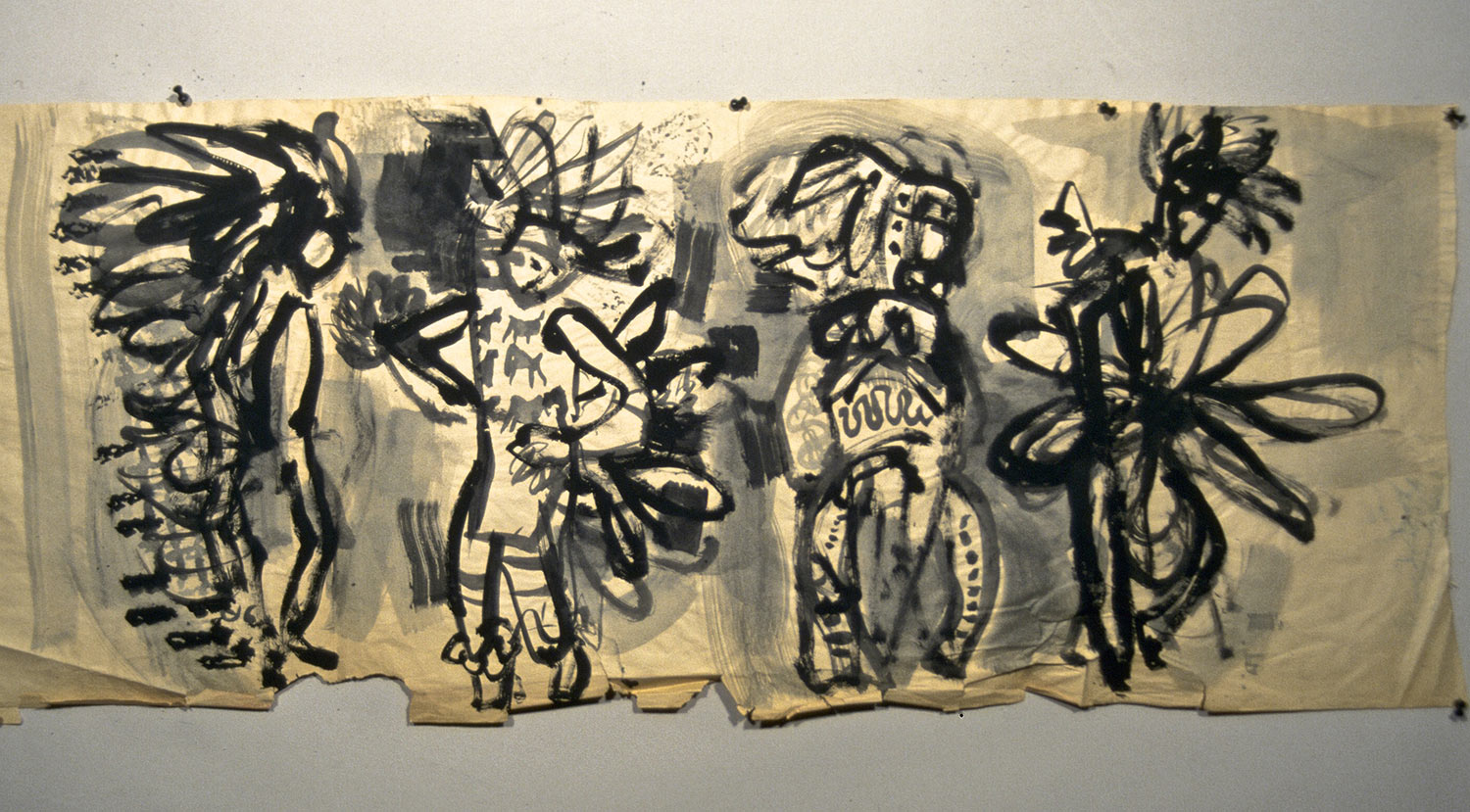 BOB- Pow Wow Dancers/1954/21 x 54/ ink on news print/ property of Tina DeWeese