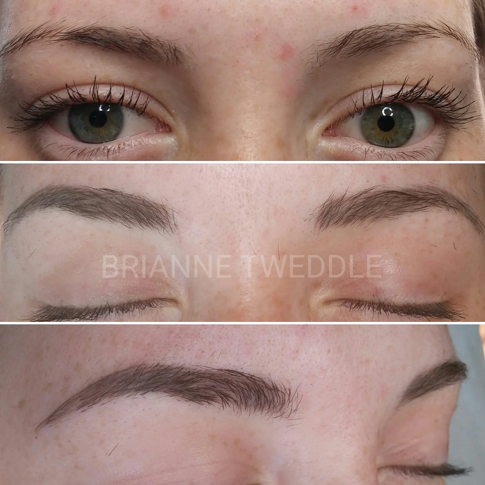 Top photo shows brows before any tattooing. Bottom photos show brows healed before the touch-up session.