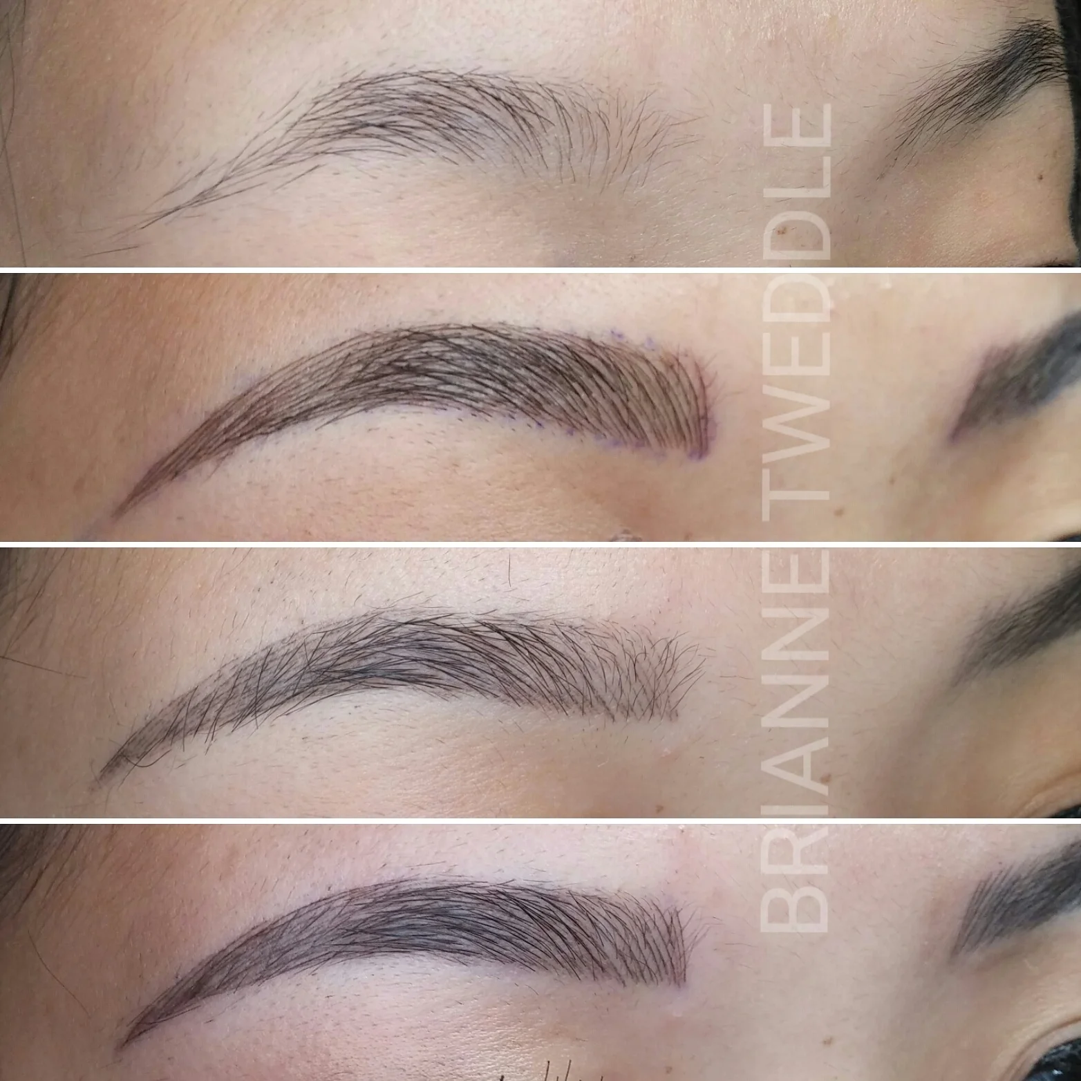 Showing brows before, right after, healed, and right after the second session