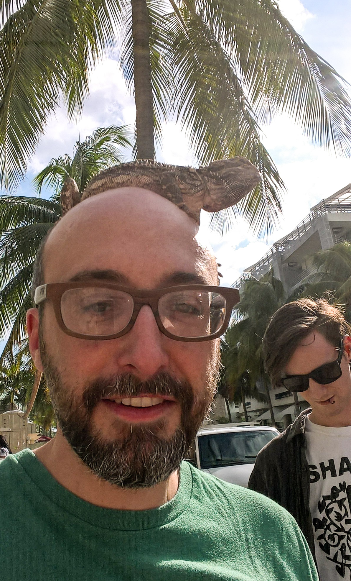 Dillon does not seem impressed by the lizard on my head. I try too hard.