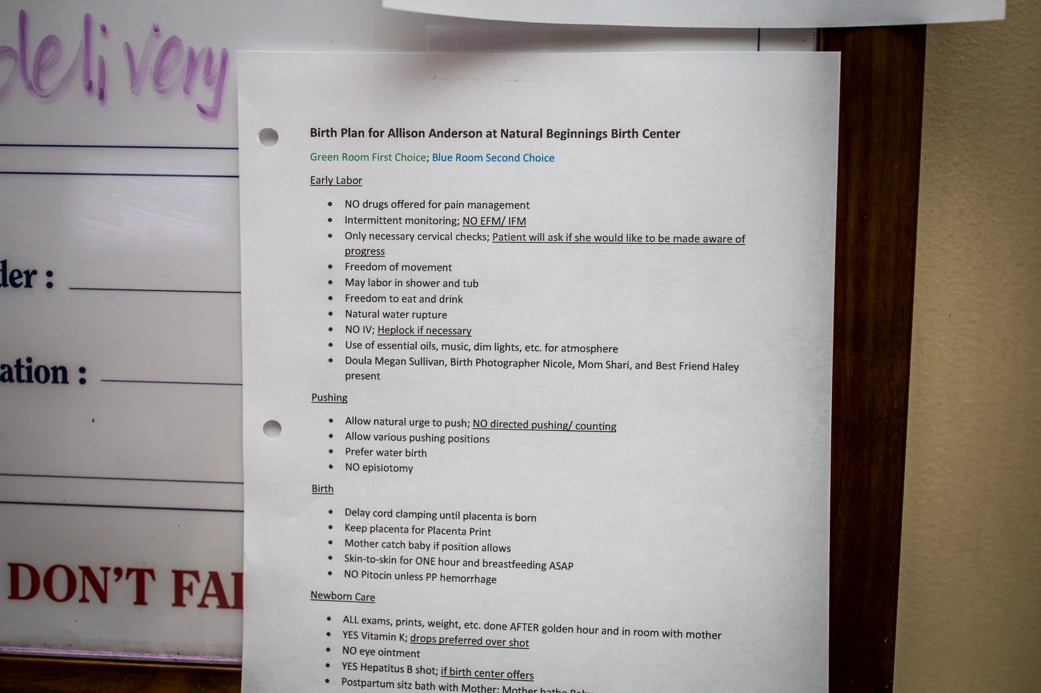 hospital birth plan