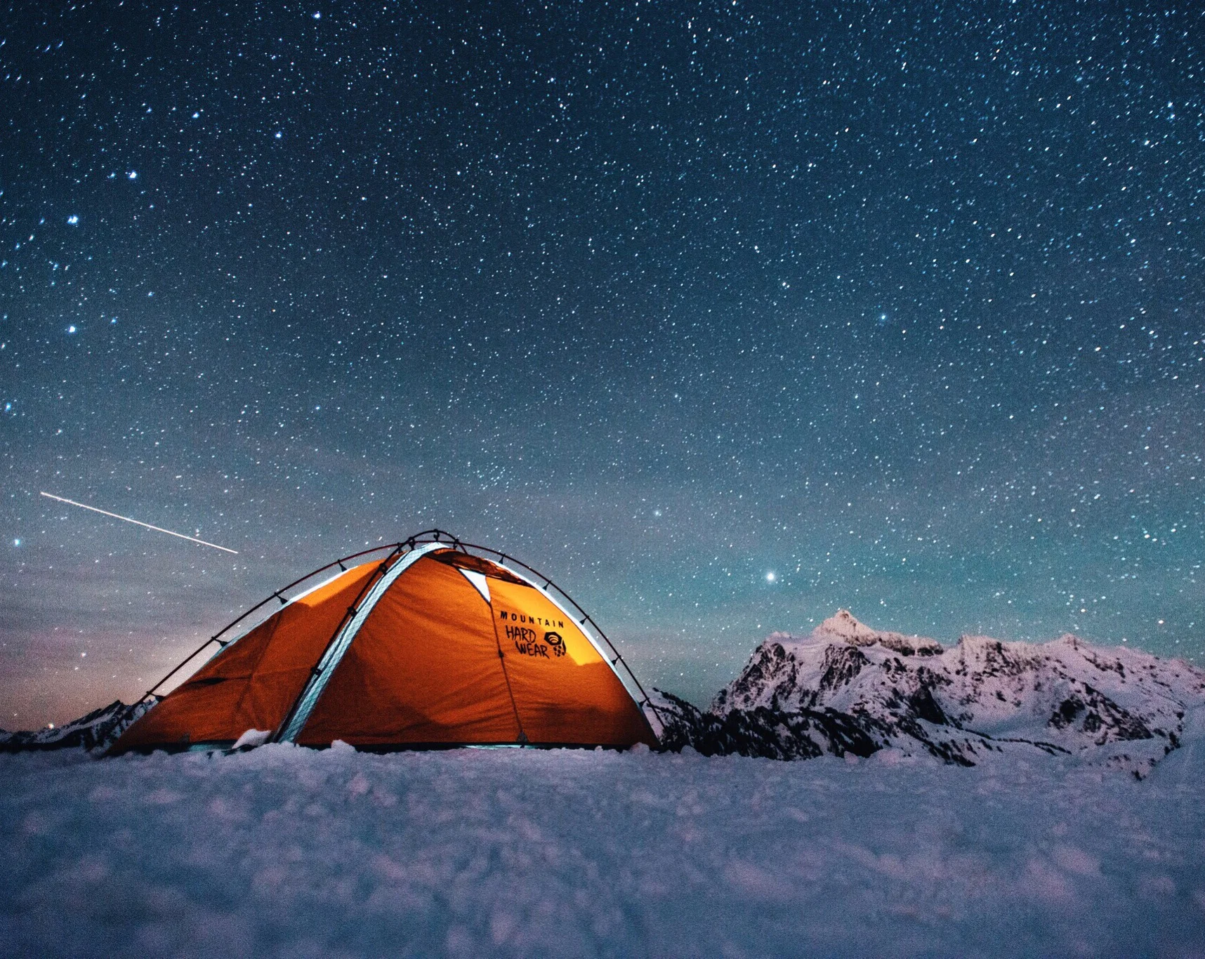Glow tent pic with Shuksan in the background.