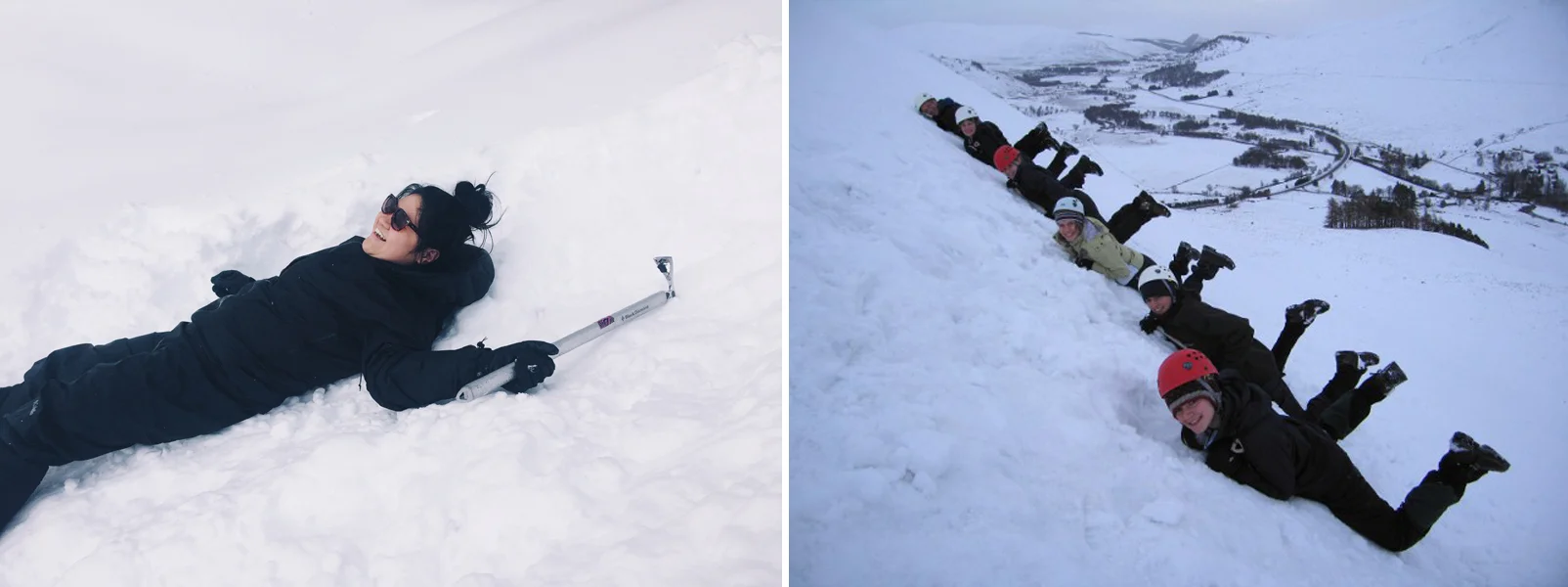 Left: NOT the correct way to self arrest. Right: The correct way to fall.