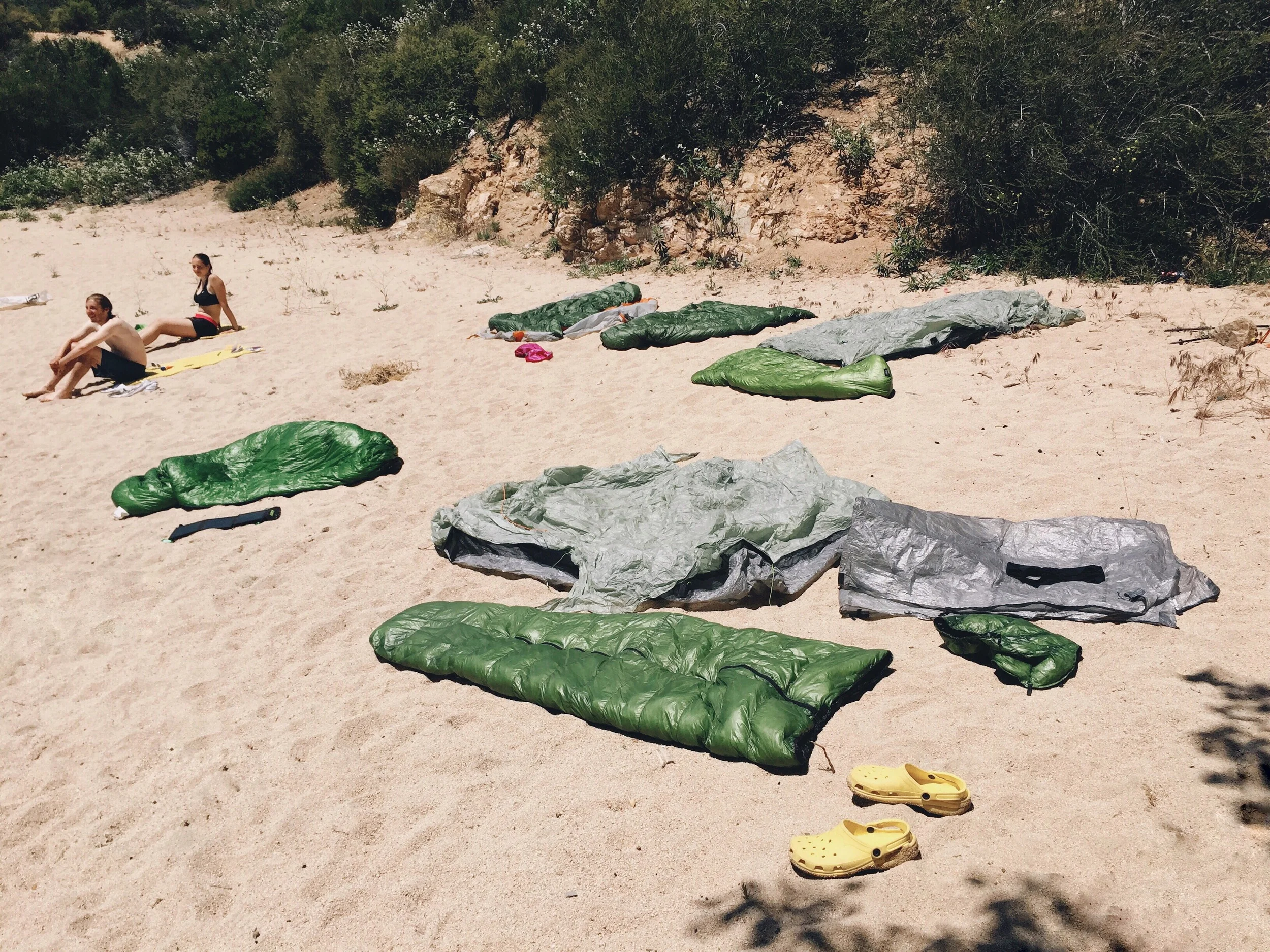 Our gear scattered out on the beach to dry.