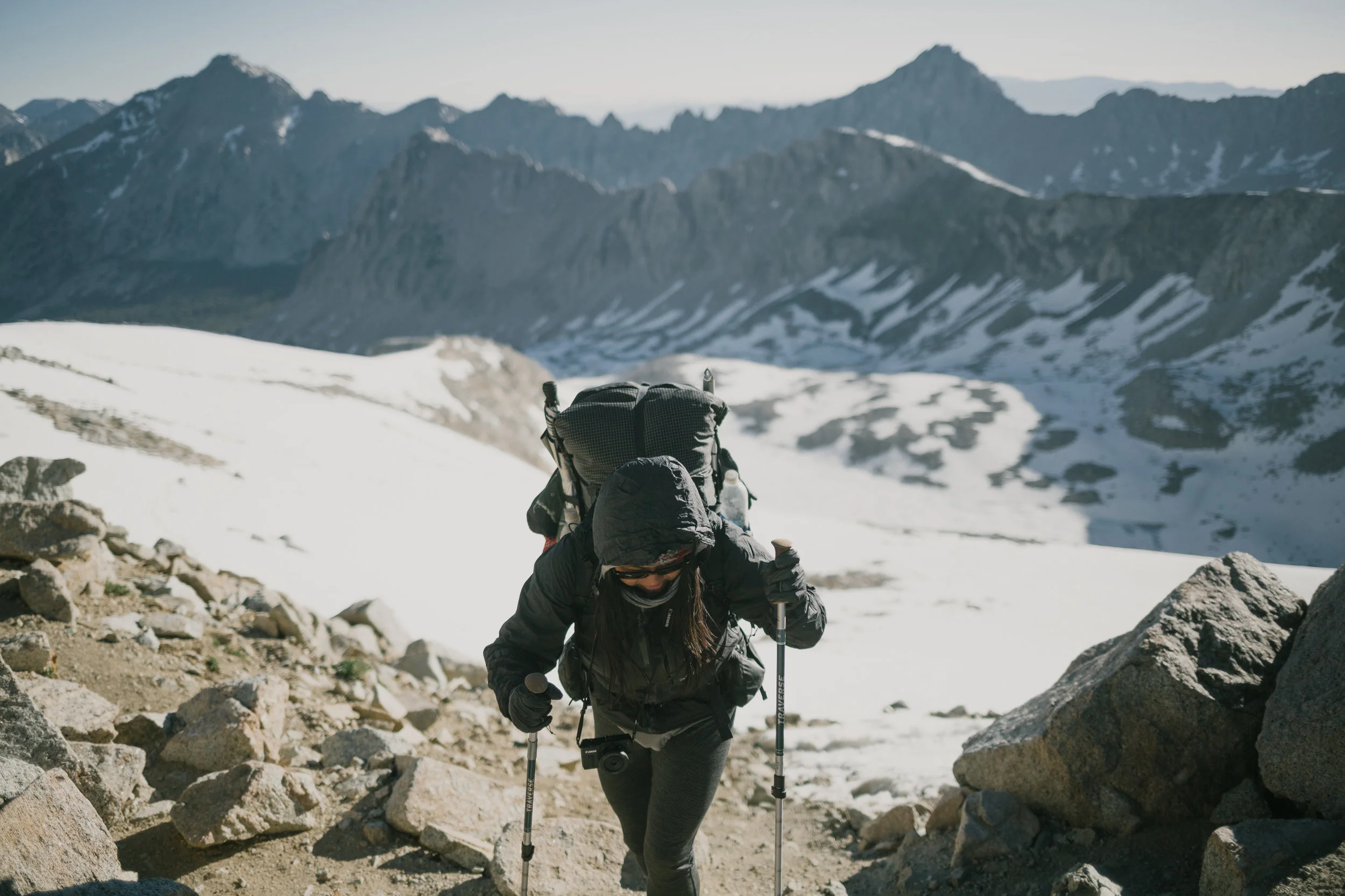 Nothing is more annoying than my camera dangling off my neck as I'm trying to climb up Forester Pass. Yes, I have used the Peak Design thing but don't really like it. Photo by Nate/Meg.