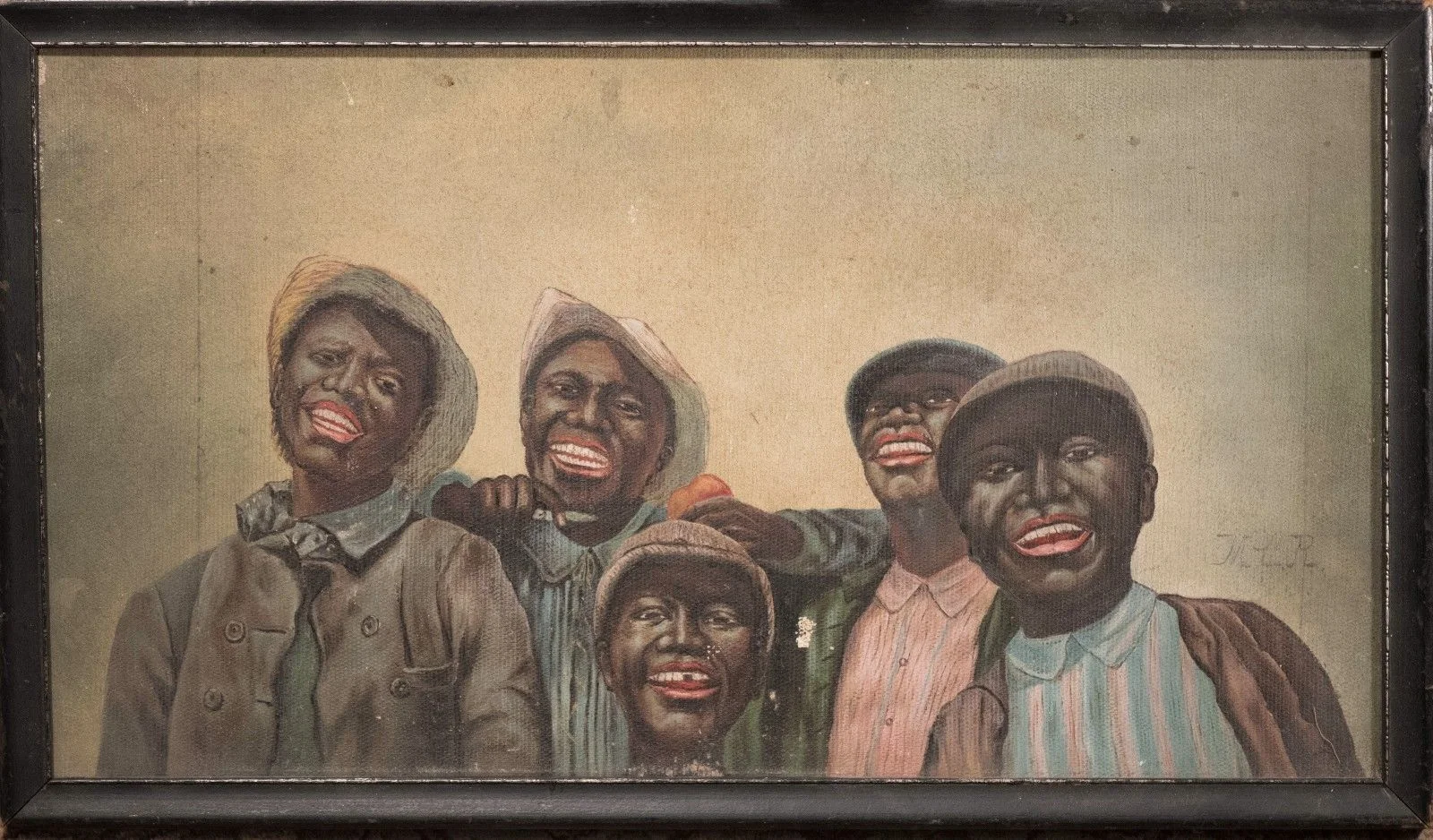 Antique African American Folk Art Oil Painting of Five Boys