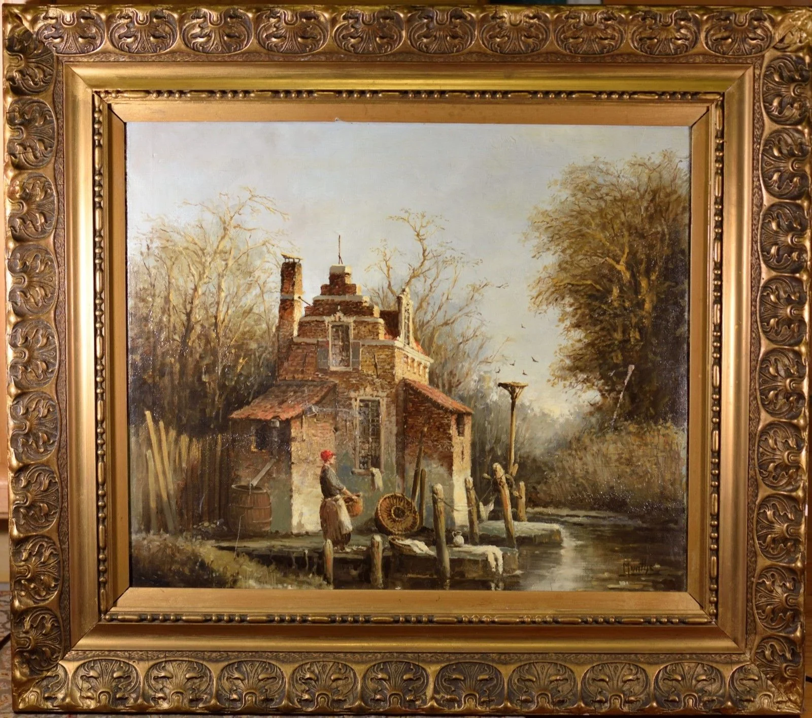 Cottage Along Creek Signed "Munthe"