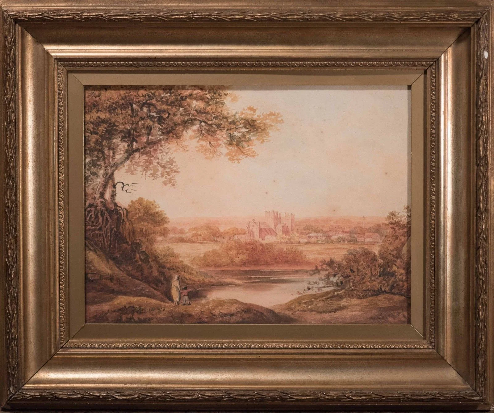 Victorian Watercolor English Landscape w/ Town
