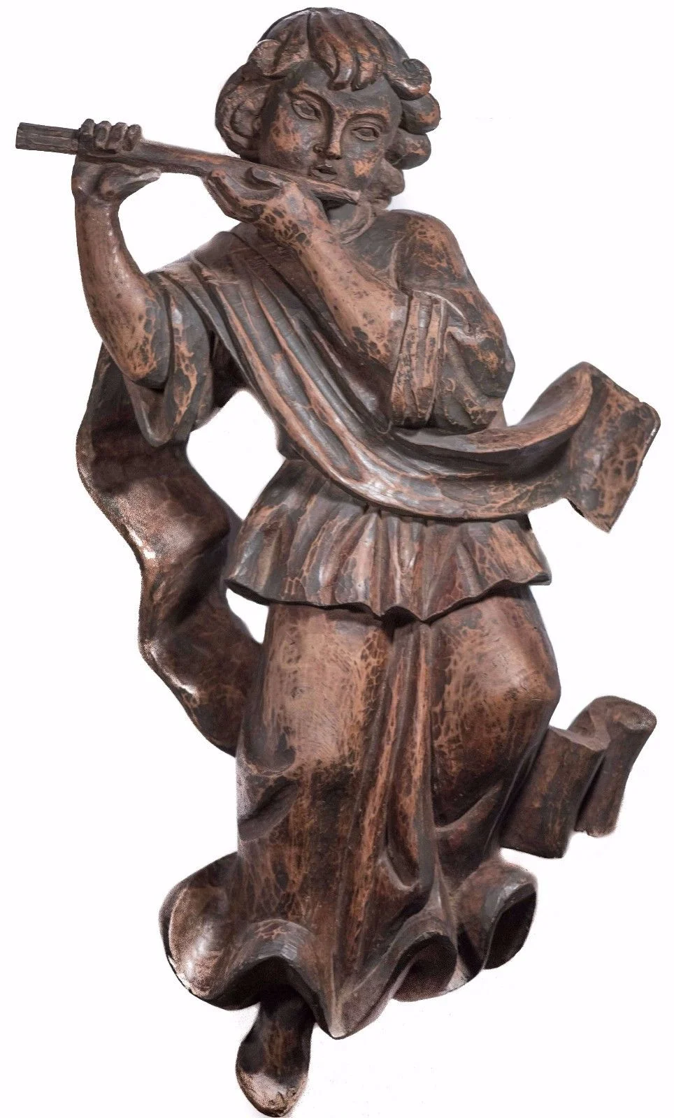 Continental Carved Angel / Cherub Playing Flute, Lime Wood